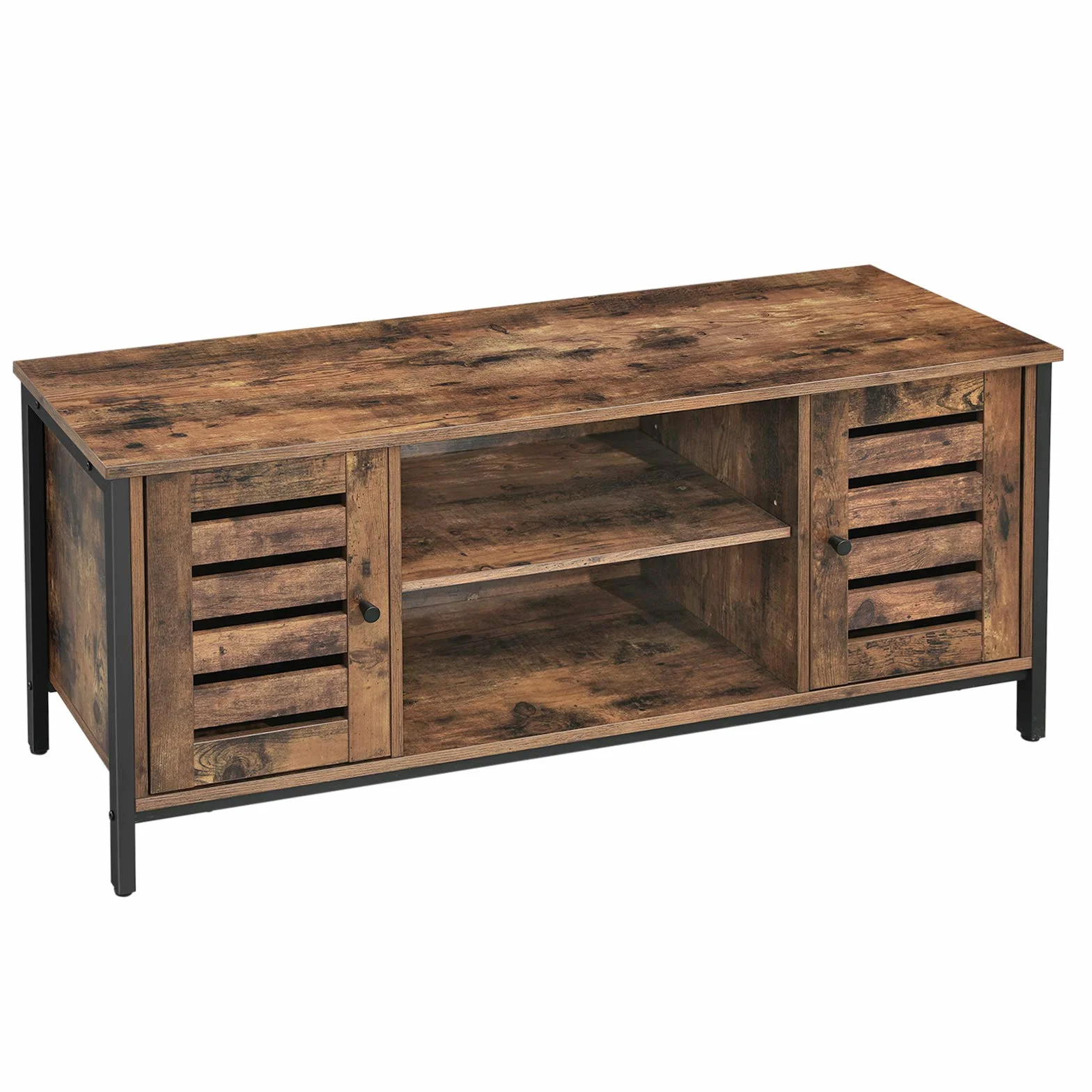 VASAGLE - Mueble TV, Soporte para TV, con estantes y armarios de Almacenamiento, Puertas persianas, para Sala de Estar, Sala de Juegos, Estilo Industrial, marrón rústico y Negro LTV43BX