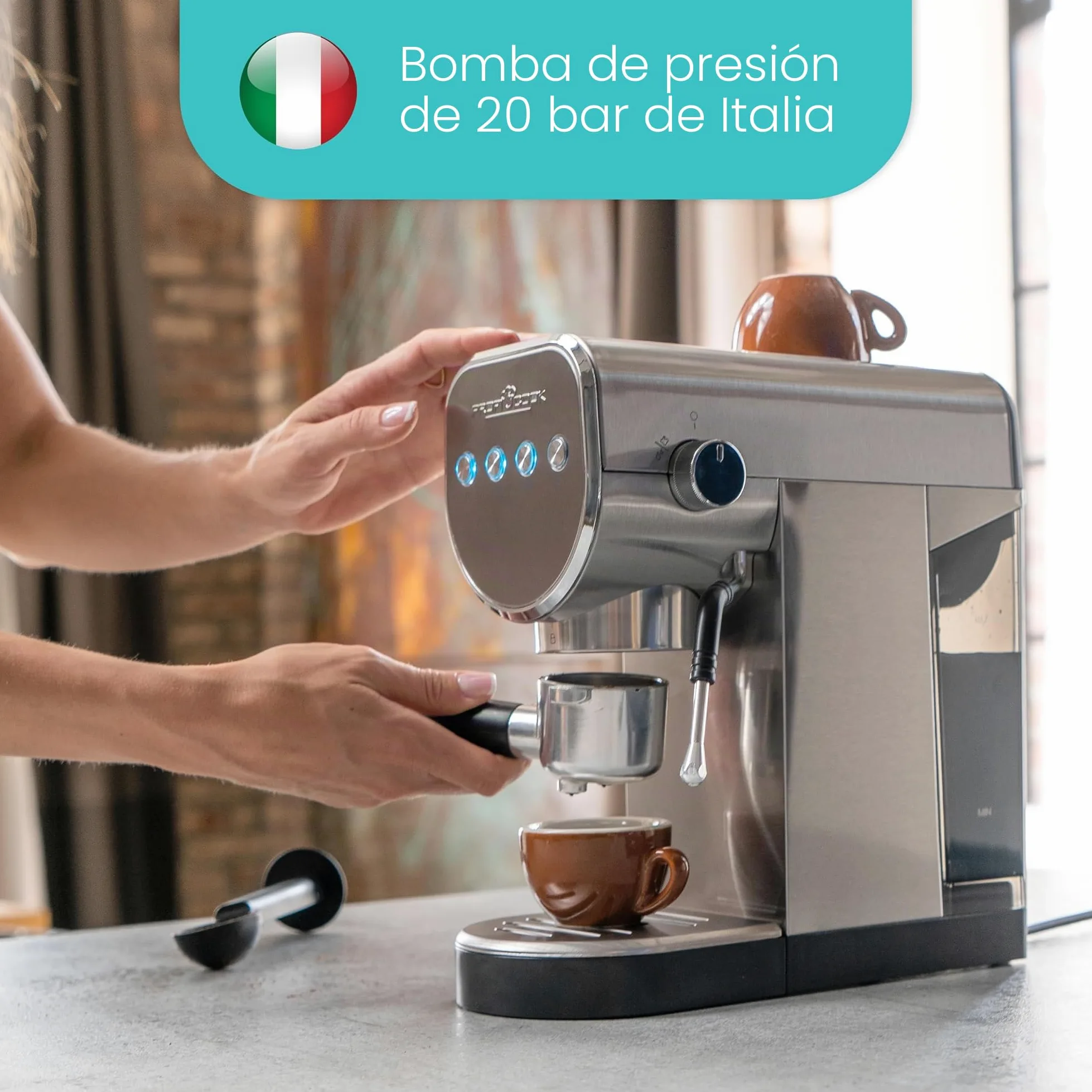 ProfiCook PC ES 1265 - Cafetera 2 en 1 | Cápsulas de café y polvo espresso | Máquina portafiltro 20 bar bomba italiana | Incluye boquilla espumador de leche | Portafiltros para café espresso