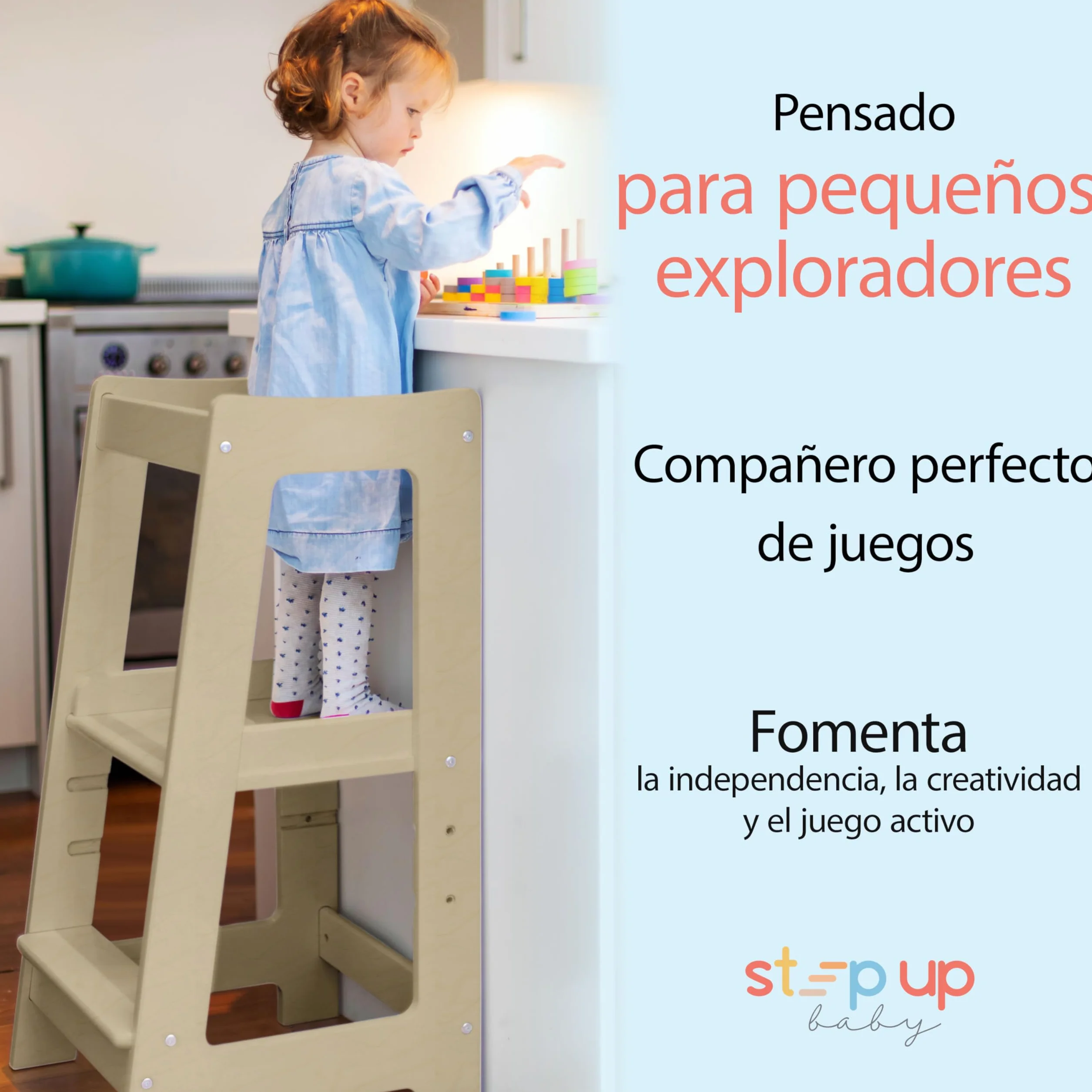 Stepup Baby Torre de Aprendizaje Montessori Taburete Infantil Madera Altura Ajustable Barra Seguridad para Niños 18 Meses a 5 Años