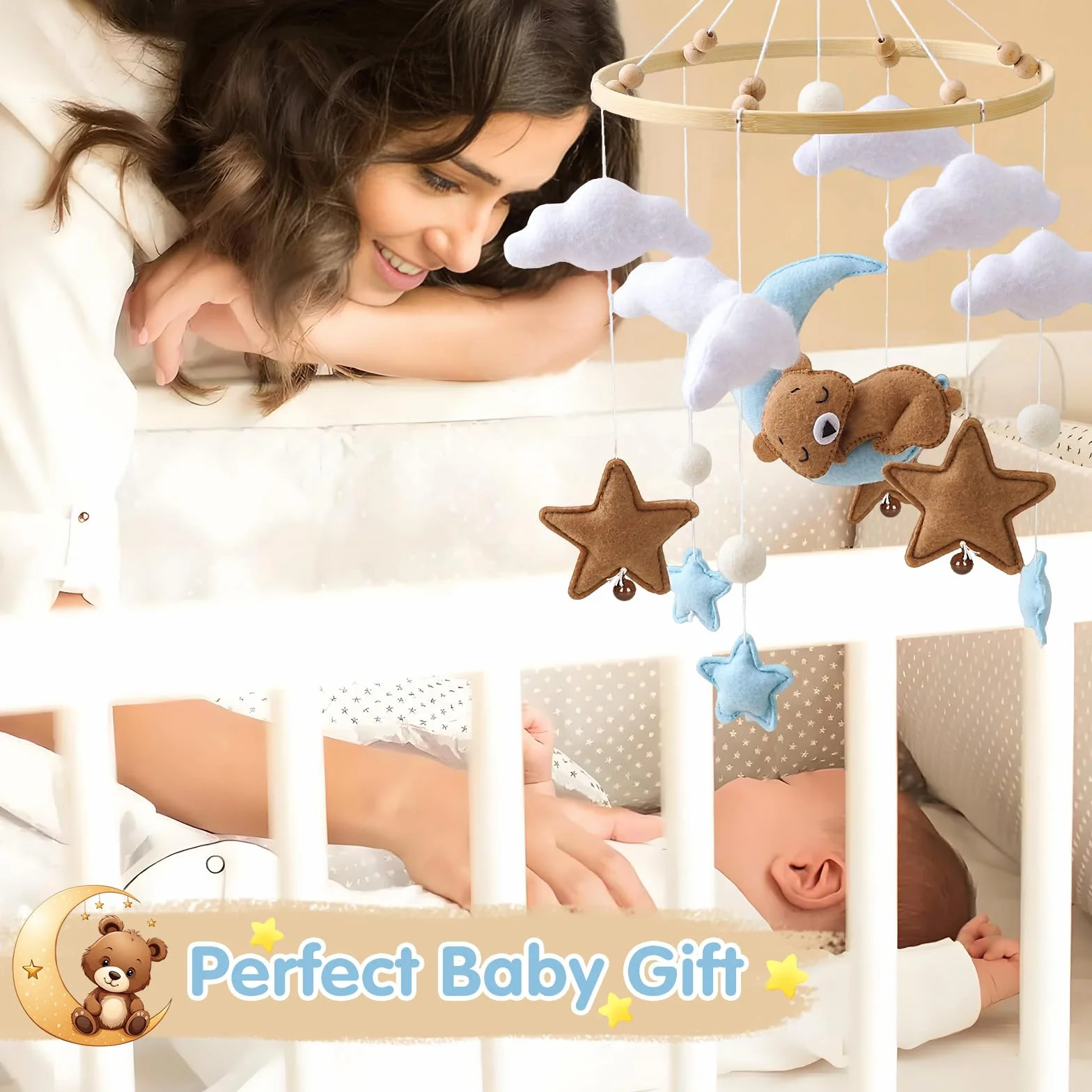 Móvil Decorativo para Cuna de Bebé con Oso Luna Estrellas Nubes