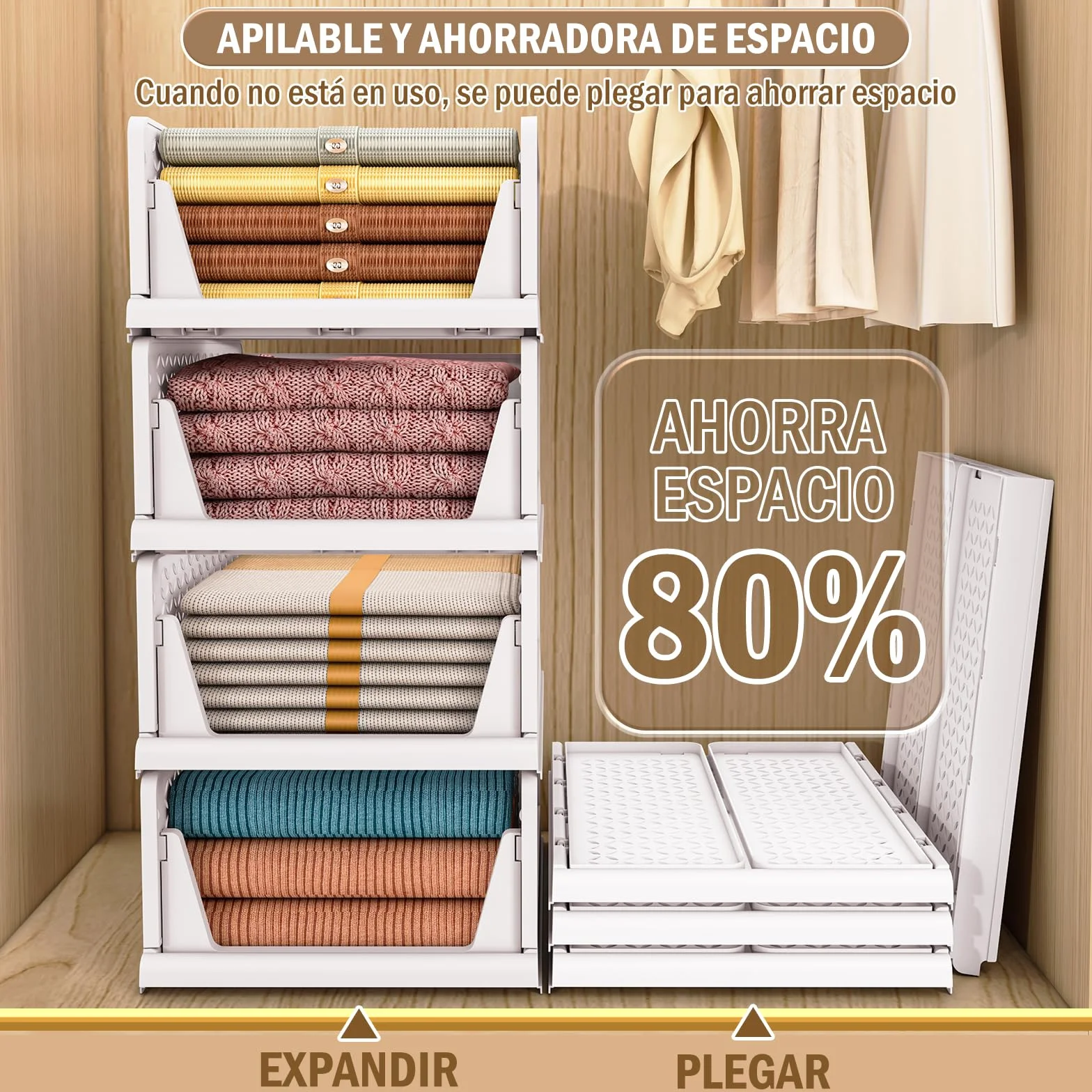 TidyIsles Organizador Armario Plegable Apilable 4 Unidades, Cajonera Plástico Separadores, Almacenamiento Ropa para Dormitorio Baño Blanco