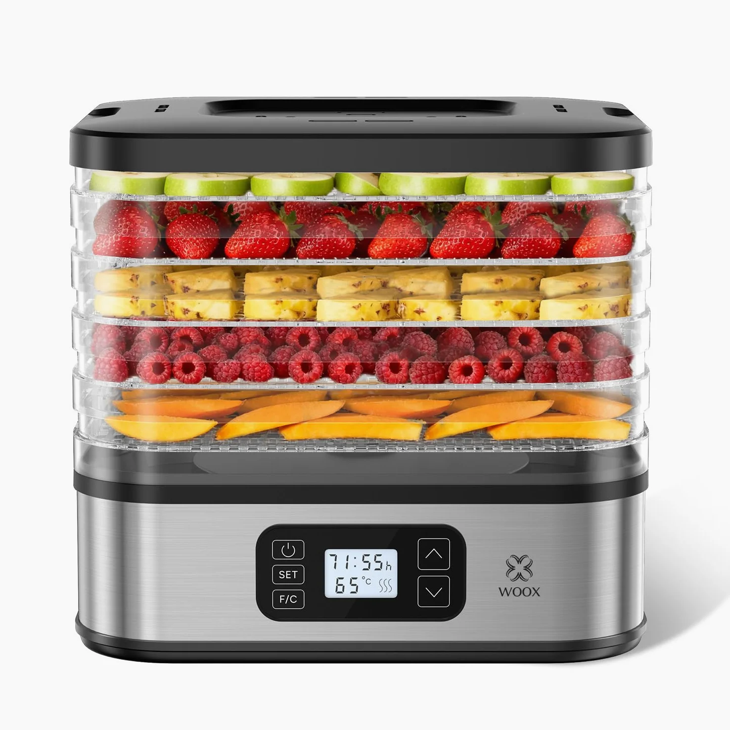 WOOX Deshidratador de Alimentos 240W, Deshidratador con 5 Bandejas Altura Regulable, Pantalla LED, Temporizador 99H y Temperatura Ajustable, Deshidratadora de Frutas y Verduras, Sin BPA