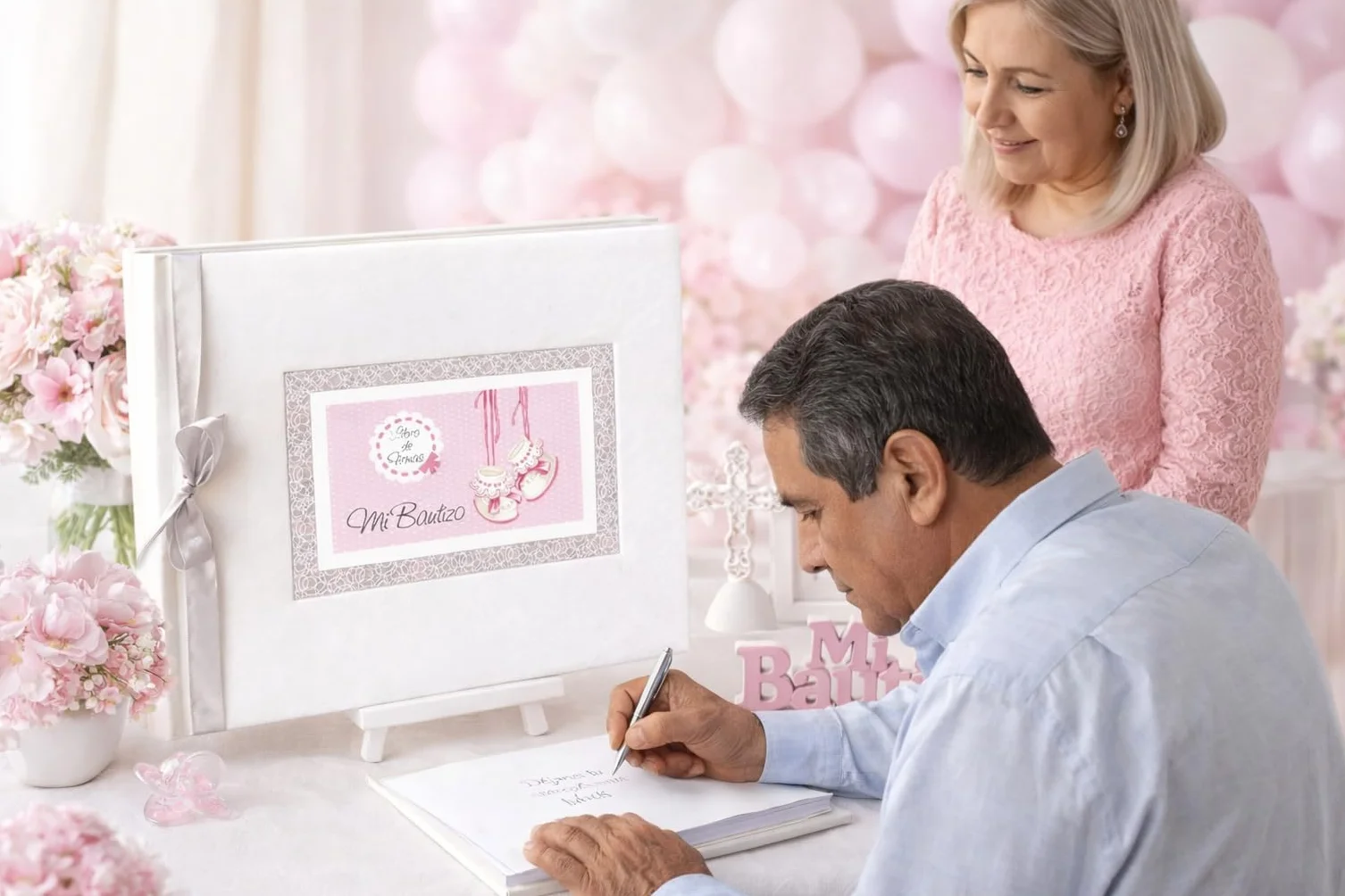 Libro de firmas bautizo bebe niña, libro visitas medidas, 27,5 x 23 x 2, 64 paginas, tapa dura, forrada gua Flex, con lazo plateado, más porta móviles personalizable, para poner la foto del bebe