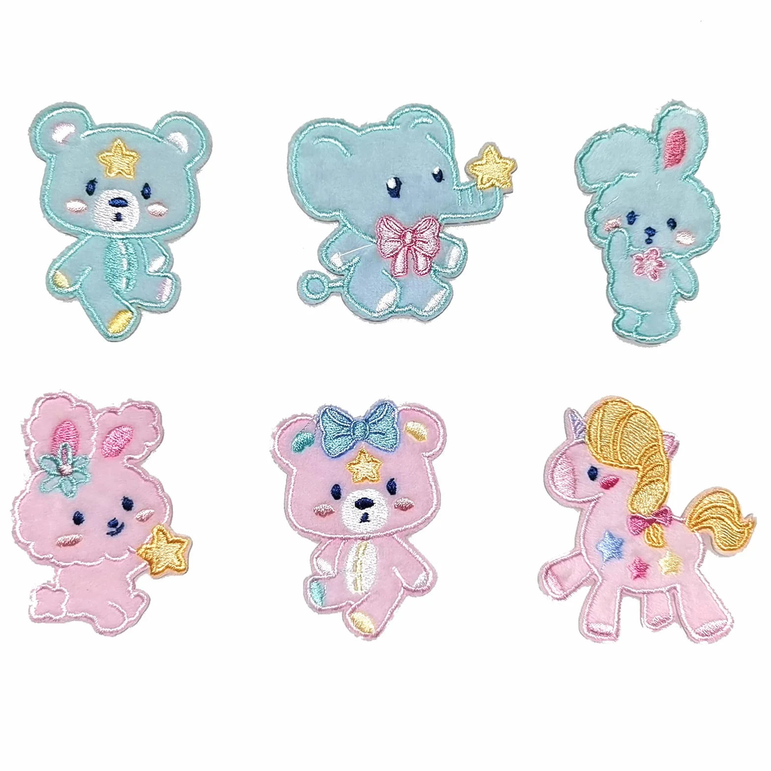 6 parches bordados con diseño de unicornio, oso, conejo, elefante, azul, rosa, accesorios para ropa, bolsas, jeans (estilos de peluche)