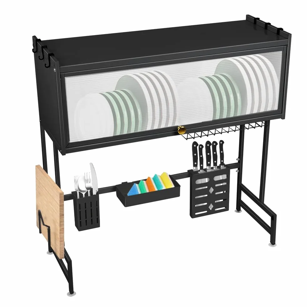 Escurreplatos sobre Fregadero de 2 Niveles, Escurridor de Platos de Acero al Carbono, Dish Drying Rack con Porta Cubiertos, Bandeja de Drenaje Automático y Diseño Ahorra Espacio(65cm Negro)