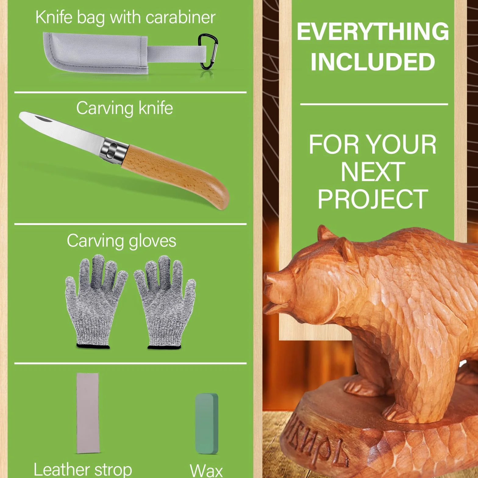 Cuchillo de tallado para niños con mango de madera plegable y guantes
