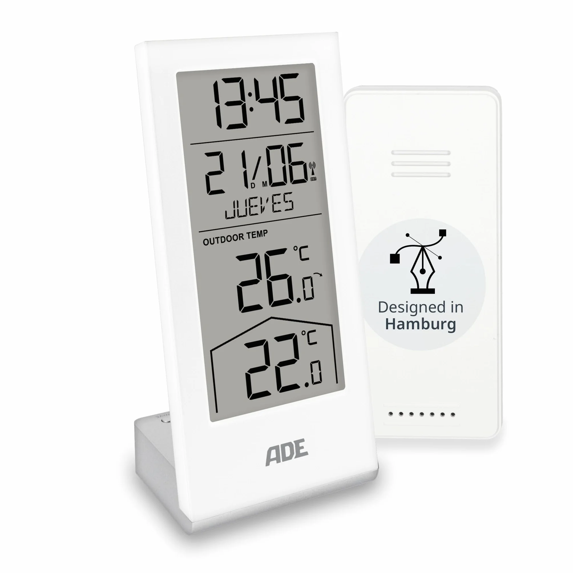 ADE Estación meteorológica digital inalámbrica con sensor exterior | termómetro para temperatura interior y exterior | reloj y calendario radiocontrolados con día de la semana | incl. pilas | blanco
