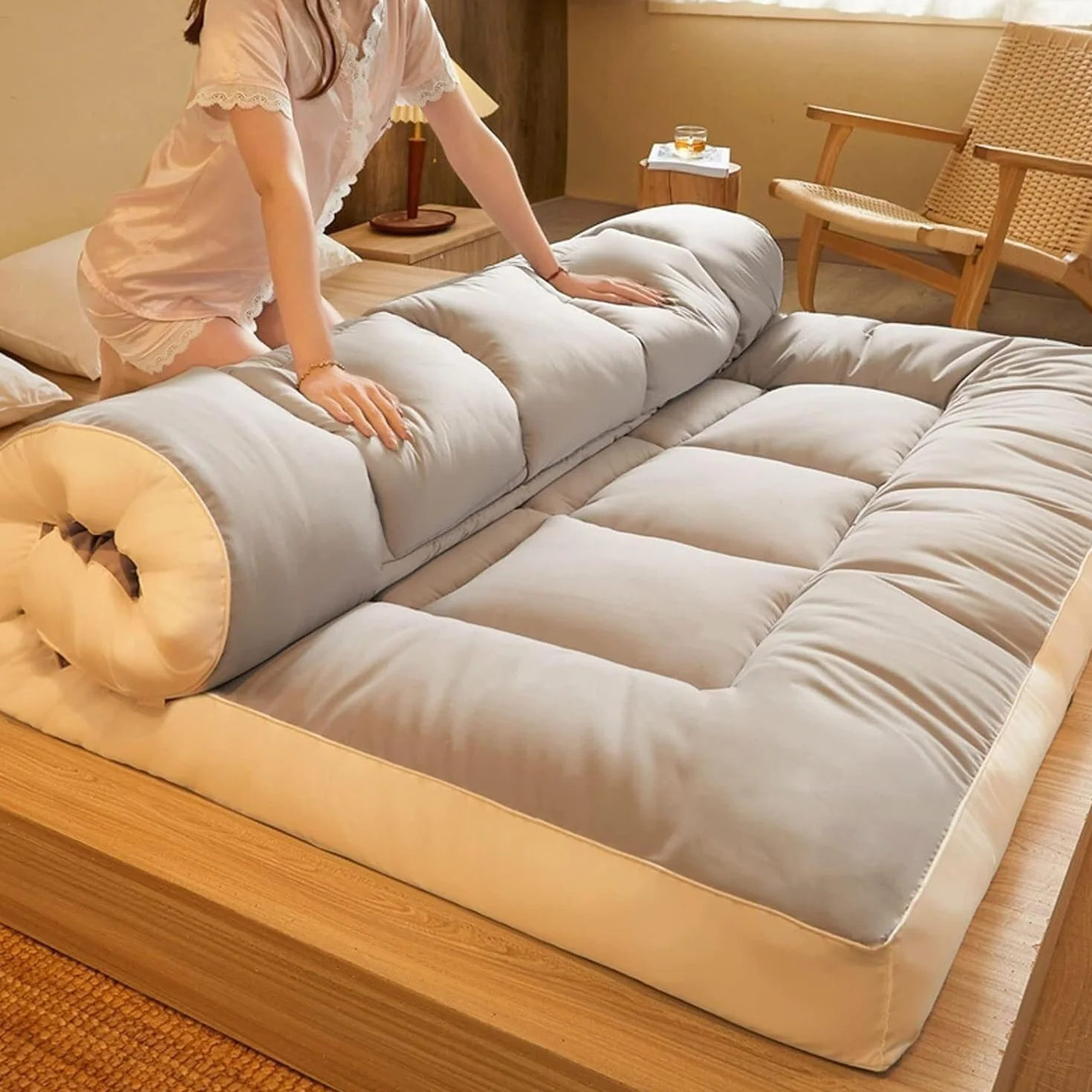 Futon Plegable-Tatami Japones, Tatami Grueso, Colchón Piso Plegable, para Habitación Amigable Dormitorio Estudiantil(90 * 200cm)