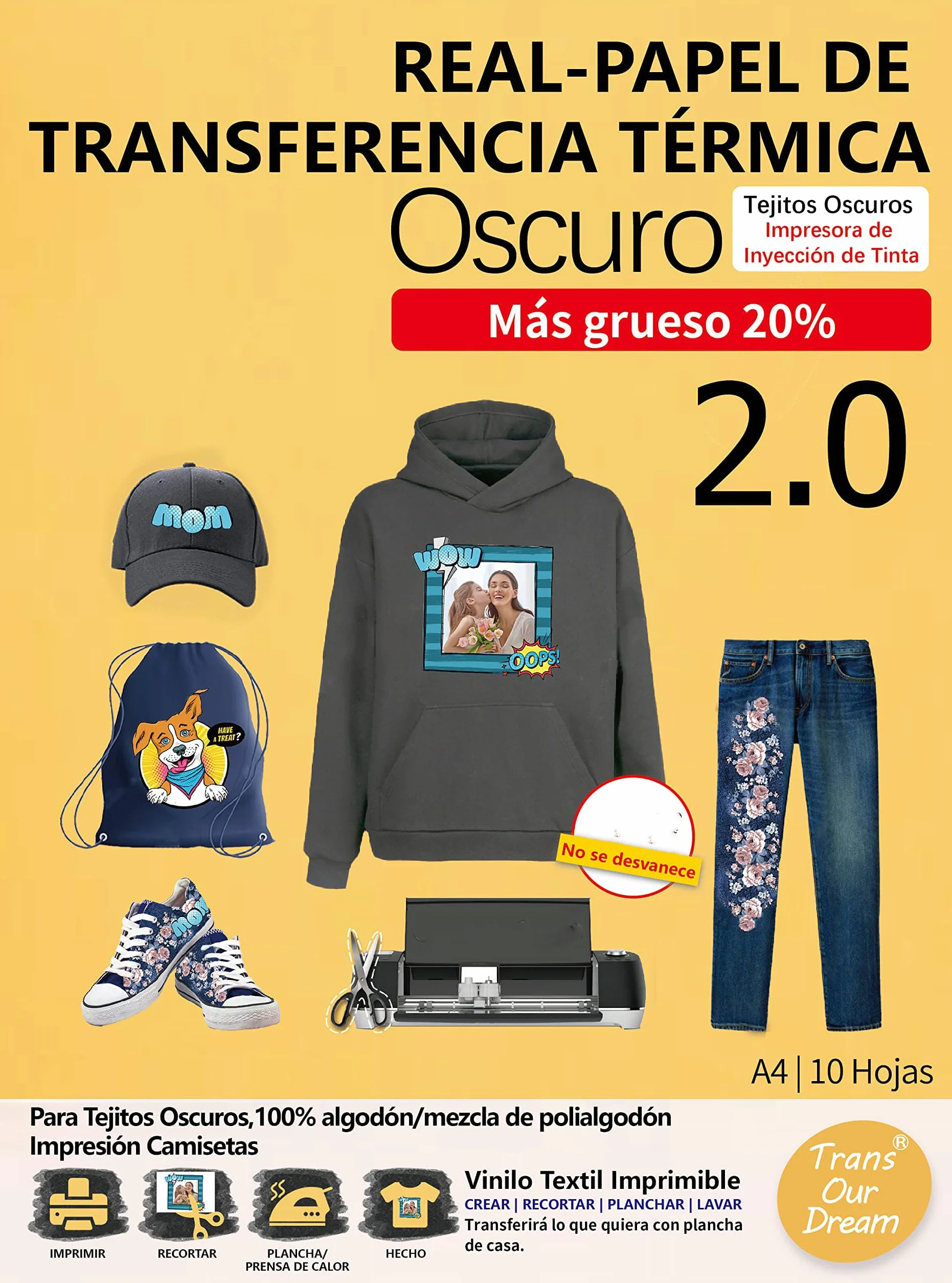 TransOurDream Real-Papel de Transferencia Térmica Para Camisetas, Sudaderas o Tejidos Oscuros 2.0 A4 10 Hojas Fácil de Usar, Papel Transfer Compatible con Impresoras de Inyección de Tinta, ES-02-10