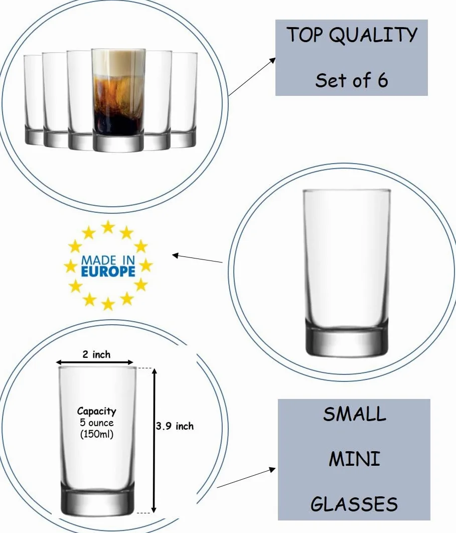 BOHEM'S Vasos pequeños de jugo, vasos de cristal transparente de 5.1 onzas, cristalería para jugo de naranja, agua, leche, café, perfecto para degustación y porciones pequeñas, juego de 6
