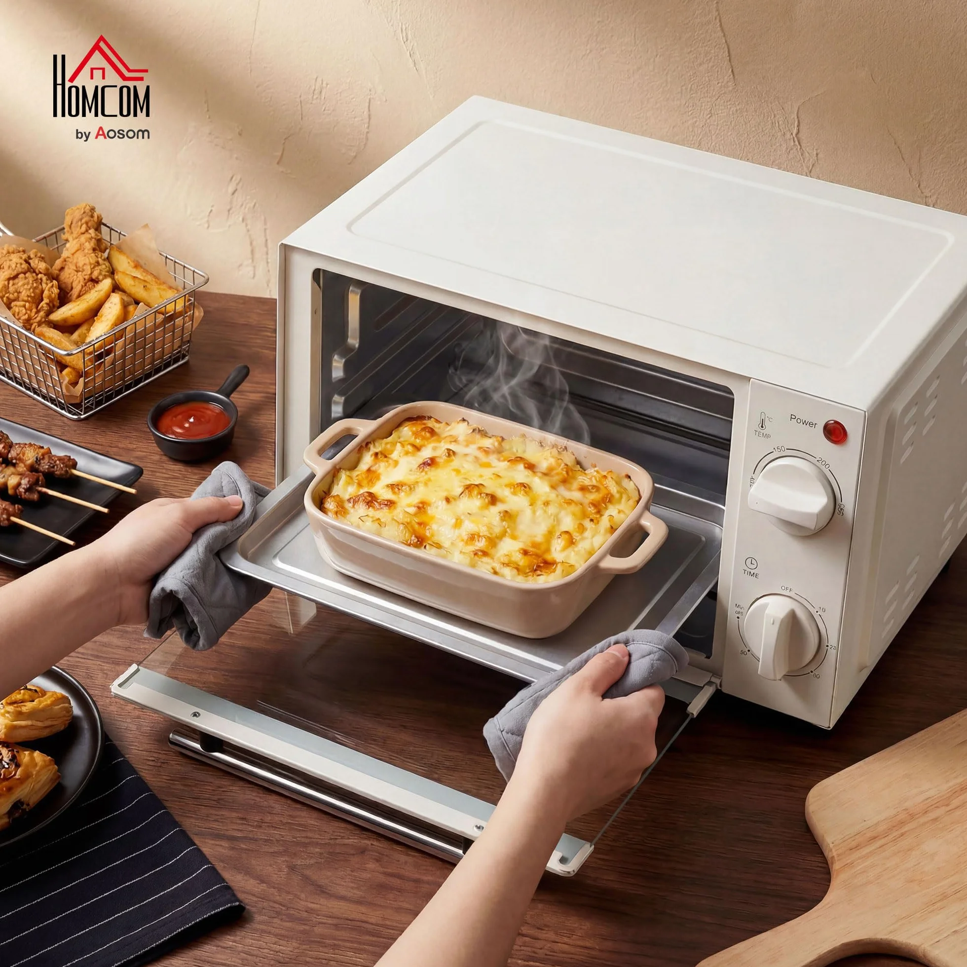HOMCOM Horno Eléctrico de Sobremesa Horno Sobremesa de 9L 750W con Temperatura Ajustable hasta 230°C Temporizador 60min y Bandeja para Hornear Parrilla Crema