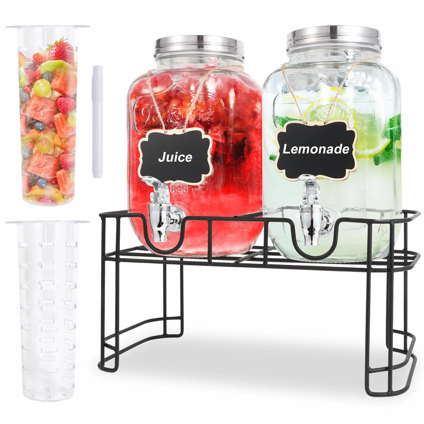 Dispensadores de bebidas de vidrio de 1 galón para fiestas, juego de 2,4 L, dispensador de bebidas con infusor de frutas, soporte y filtro, dispensador de jugo o bebidas para barbacoa, picnic, fiesta