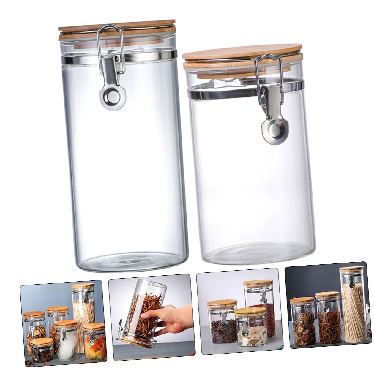 Alipis 2 Tarros en Cocina Capacidad 1140ml y 1280ml Herméticos de Vidrio Cierre de Acero Inoxidable y Tapa de Madera Diseño Transparente y Prevención para Almacenamiento de Alimentos
