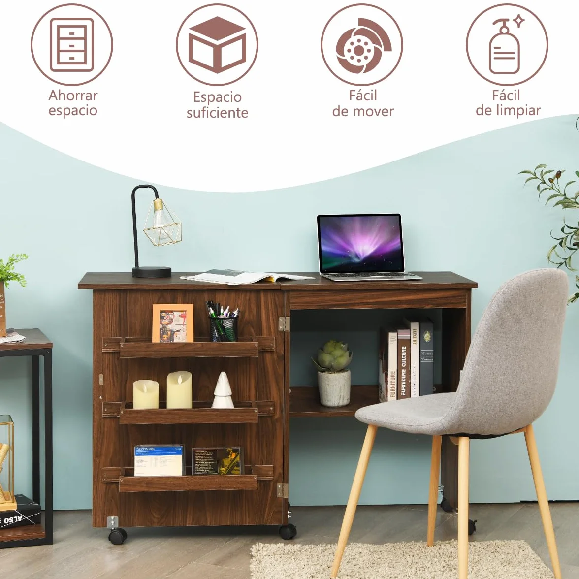 GOPLUS Mueble para Máquina de Coser, Mesa Plegable de Costura con 5 Ruedas y 4 Estantes, Armario Organizador de Costura y Manualidades, Escritorio de Costura para Hogar, Estudio (Marrón Oscuro)