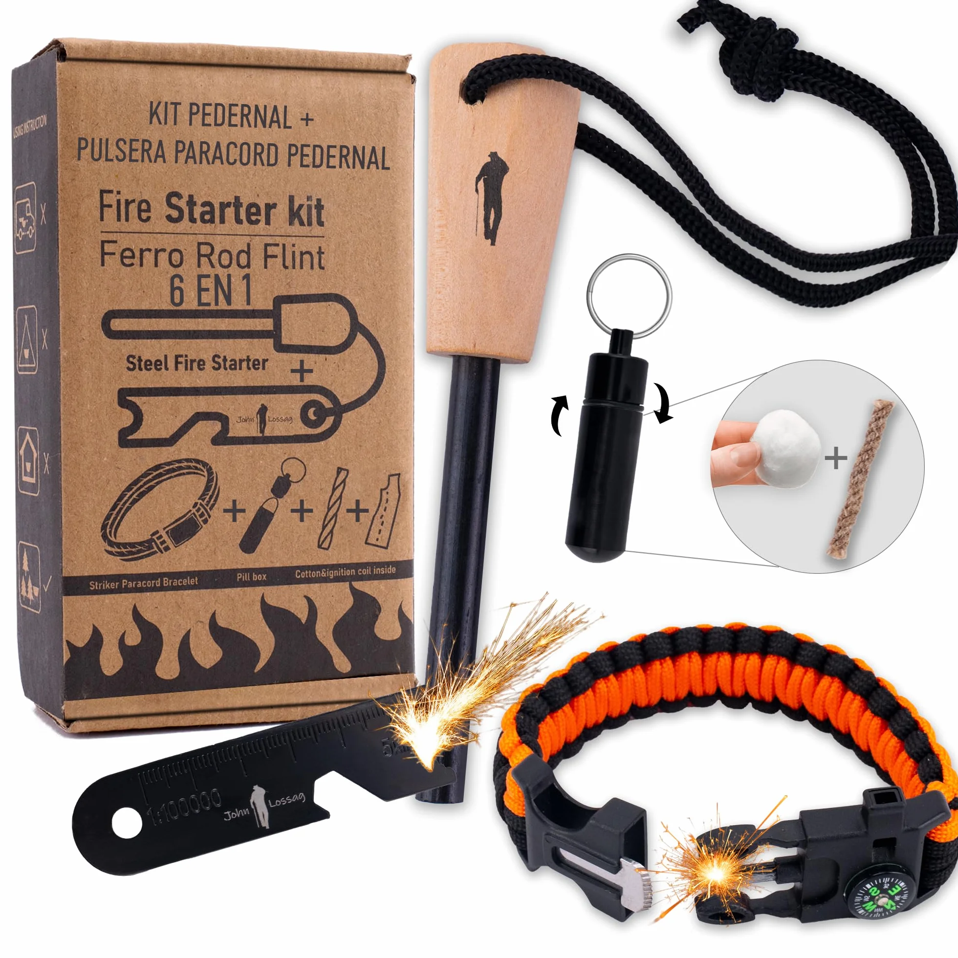 ecoFire Profesional Kit Supervivencia Pedernal Ferrocerio Pulsera Paracord Mechero Iniciador Fuego Camping Bushcraft