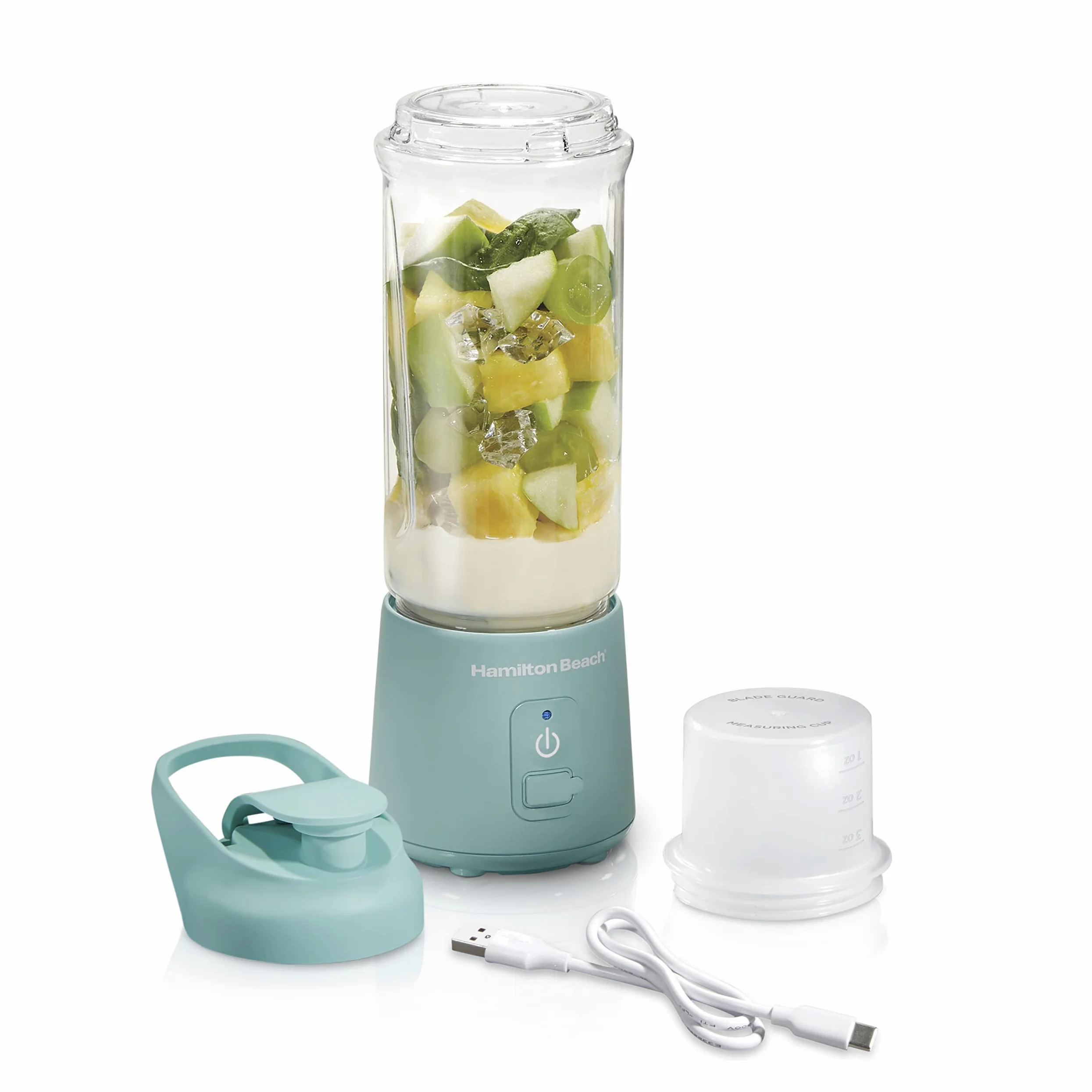 Hamilton Beach Batidora personal portátil inalámbrica para batidos y batidos, recargable por USB, tarro de 16 onzas con tapa de viaje a prueba de fugas, 6 cuchillas de acero inoxidable, azul (51182)