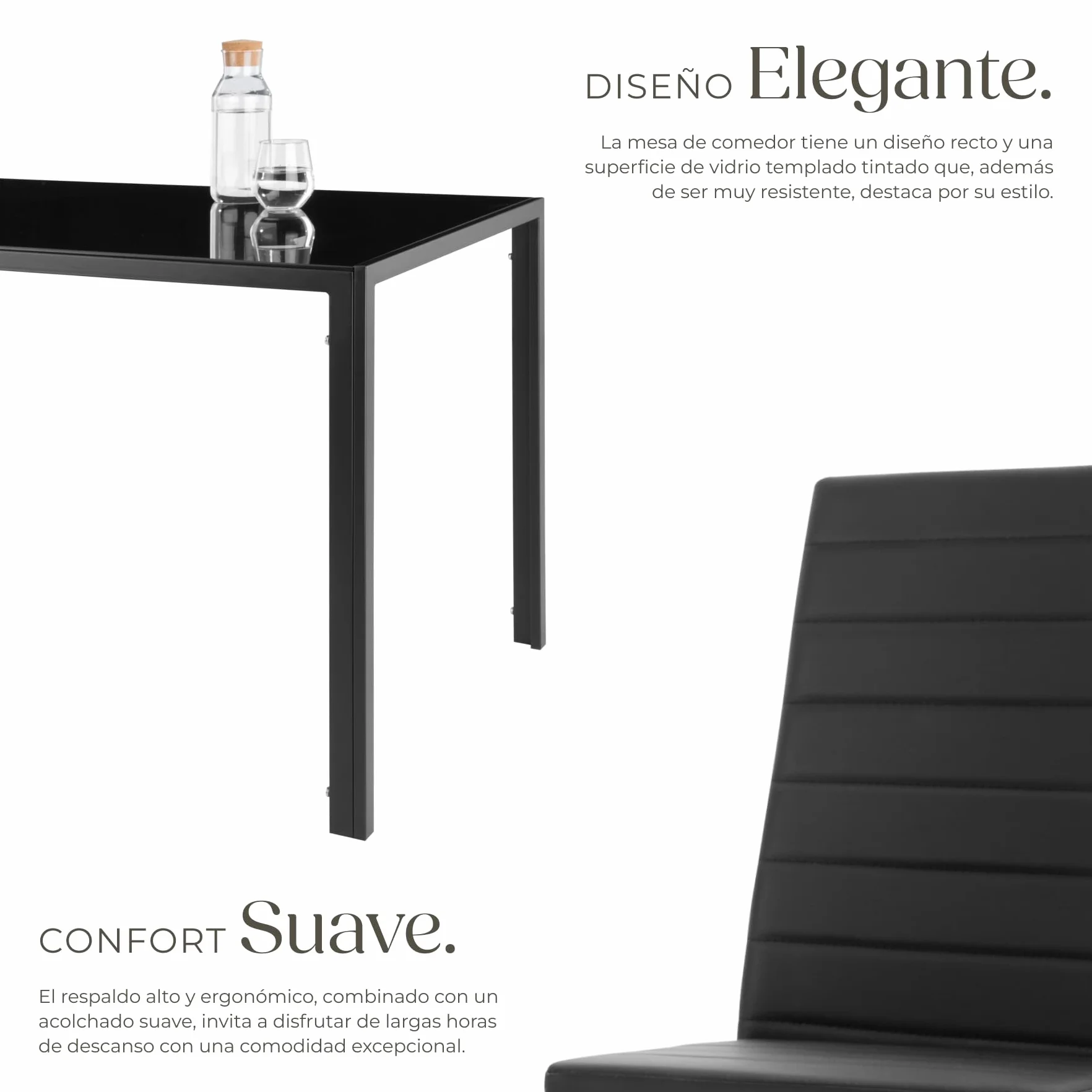 tectake® Conjunto Mesa y sillas de Comedor, Mesa con Tablero Cristal Seguridad y 4 sillas Cocina tapizadas Cuero sintético, Estructura Acero, sillas Comedor, Set Muebles de Cocina - Negro