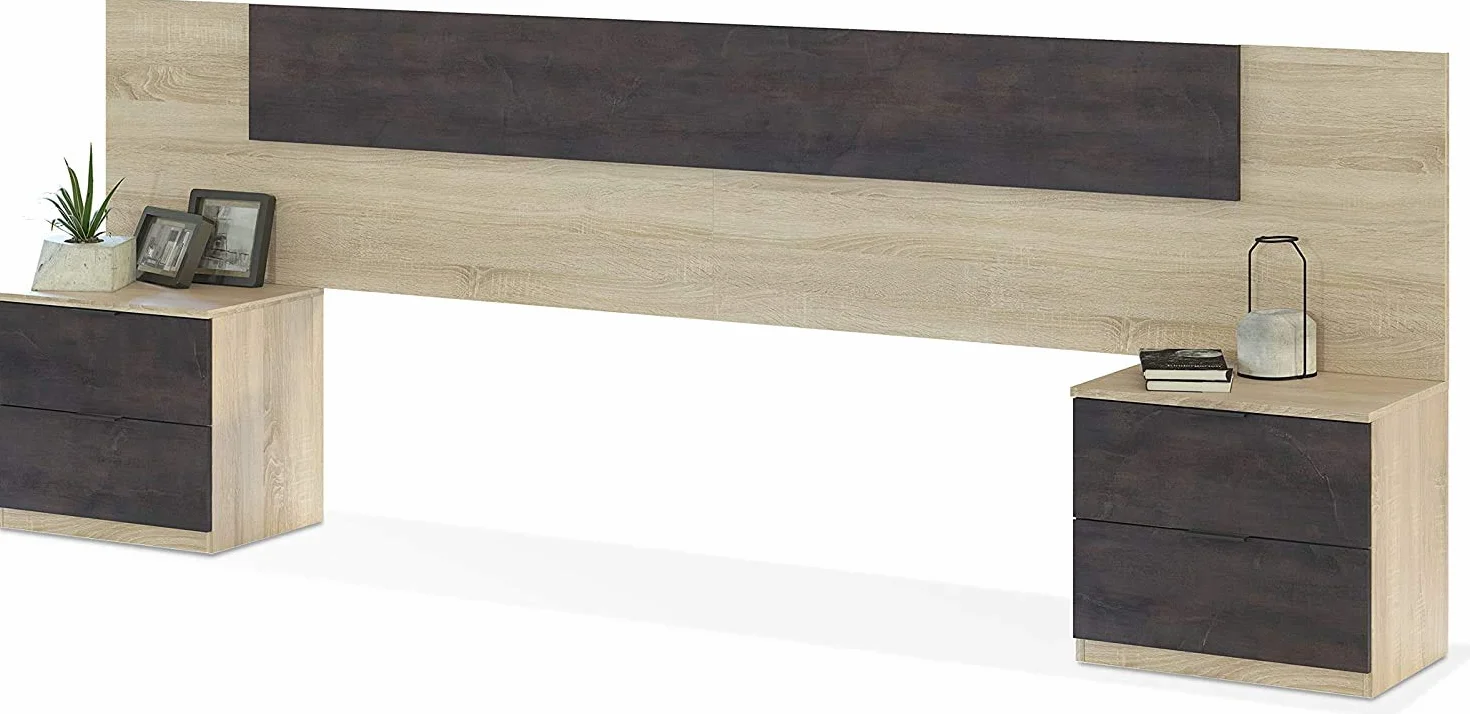 Mobelcenter – Cabezal y 2 Mesitas de Noche – Cabecero Matrimonio y 2 Mesitas de Noche – Color Roble Canadian y Óxido - Medidas: Ancho: 247 cm x Fondo: 38 cm x Alto: 95 cm - (1093)