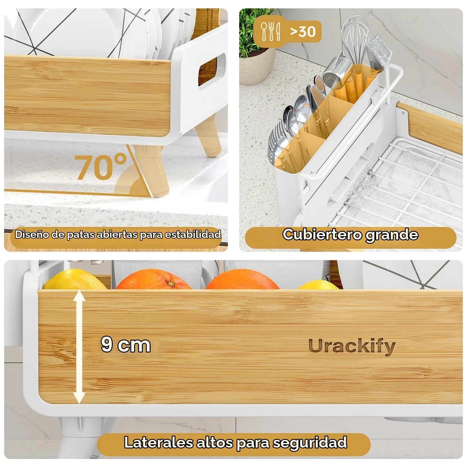 Urackify Escurridor de Platos, Bambú | Acero Inoxidable y Bambú, Soporte Utensilios Extraíble, para Encimera de Cocina