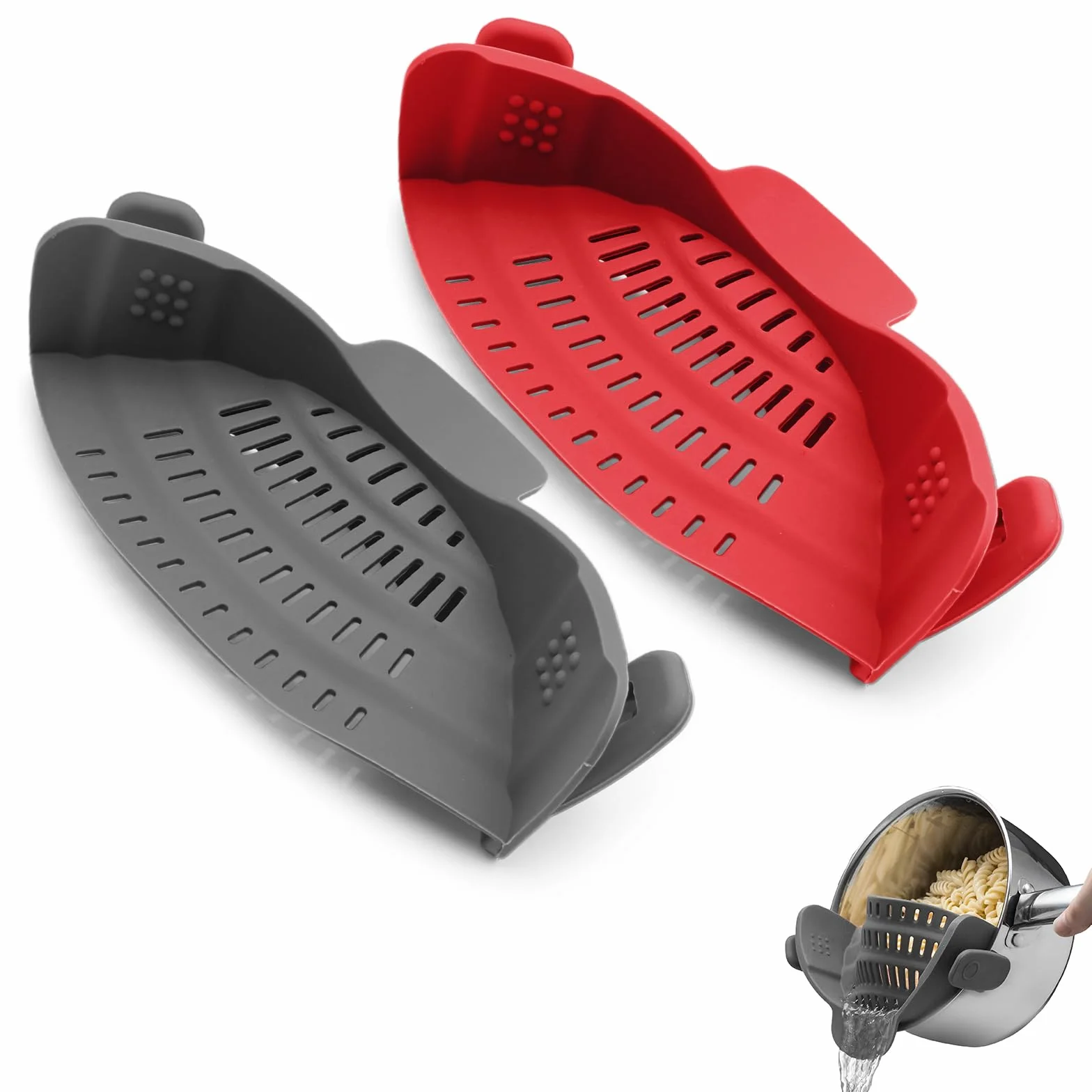 Escurridor de Pasta Plegable con Clip (2 Piezas) – Colador de Silicona Flexible para Ollas y Sartenes, Escurre Pasta, Arroz y Verduras, Sin BPA, Apto para Lavavajillas – Gris y Ro