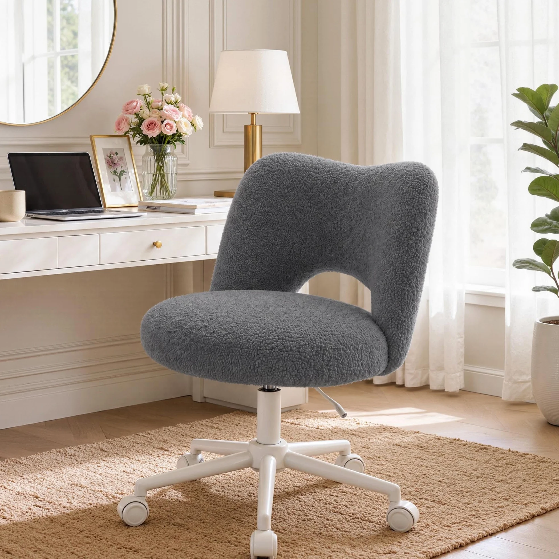 Silla de Escritorio con Ruedas, Silla de tocador de Peluche Transpirable, Altura Regulable, soporta hasta 200kg, Adecuada para Oficina, habitación y Estudio, Familiar, Gris