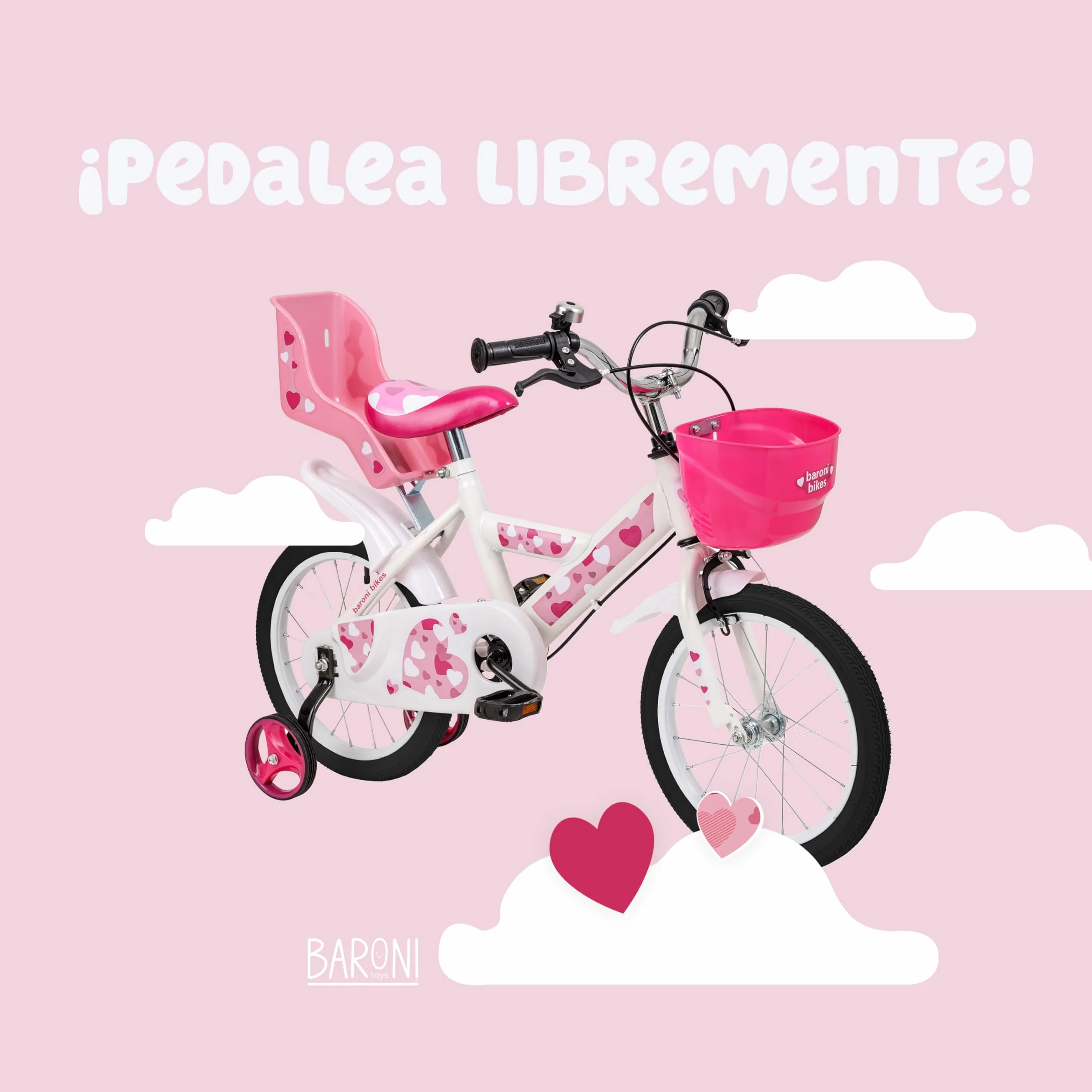 Baroni Toys Bicicleta de Niña, Rosa Corazones, Acero con Cesta, Portabicicletas, Ruedas, 12'' 14'' 16''