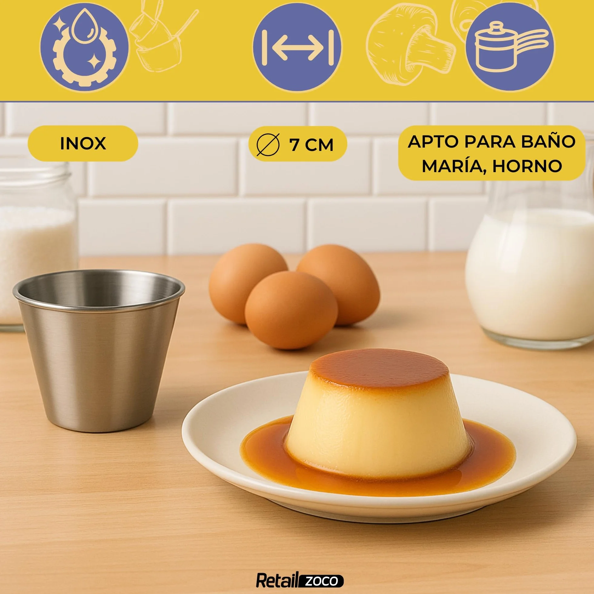 Flaneras Individuales, Molde para flan Molde Repostería, Antiadherente, Acero Inoxidable, Ideal para Flan, Postres, Salsa, Repostería y Cocción al Baño María, 7 cm Diámetro x 4.7 cm alto, 12 unidades