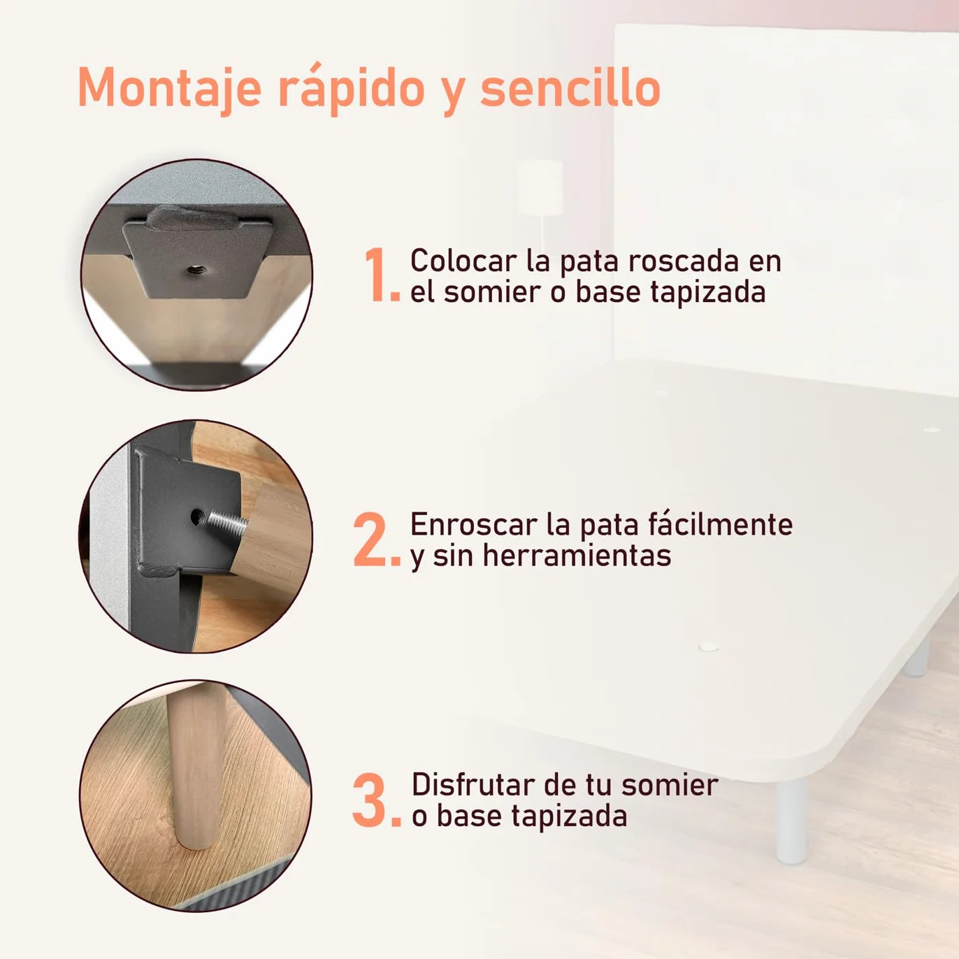 amuéblate Online – Pack de 6 Patas de Madera para Base Tapizada, Cilíndricas con Rosca M10, Altura 25 cm, Color Natural
