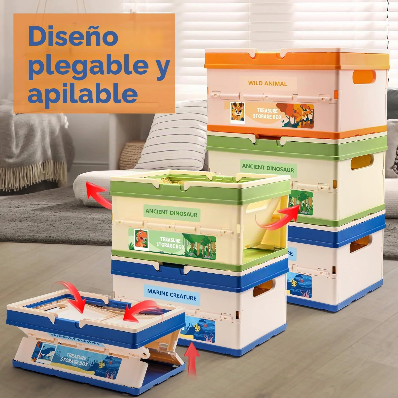 FRUSE Caja Almacenaje Infantil, Juego de 3, Caja Organizadora Plegable, Organizador Juguetes con Tapa,Cajas Almacenaje para Juguetes,Habitación de Niños,Sala de Juegos, Salones, 34,4 x 24,3 x 55 cm