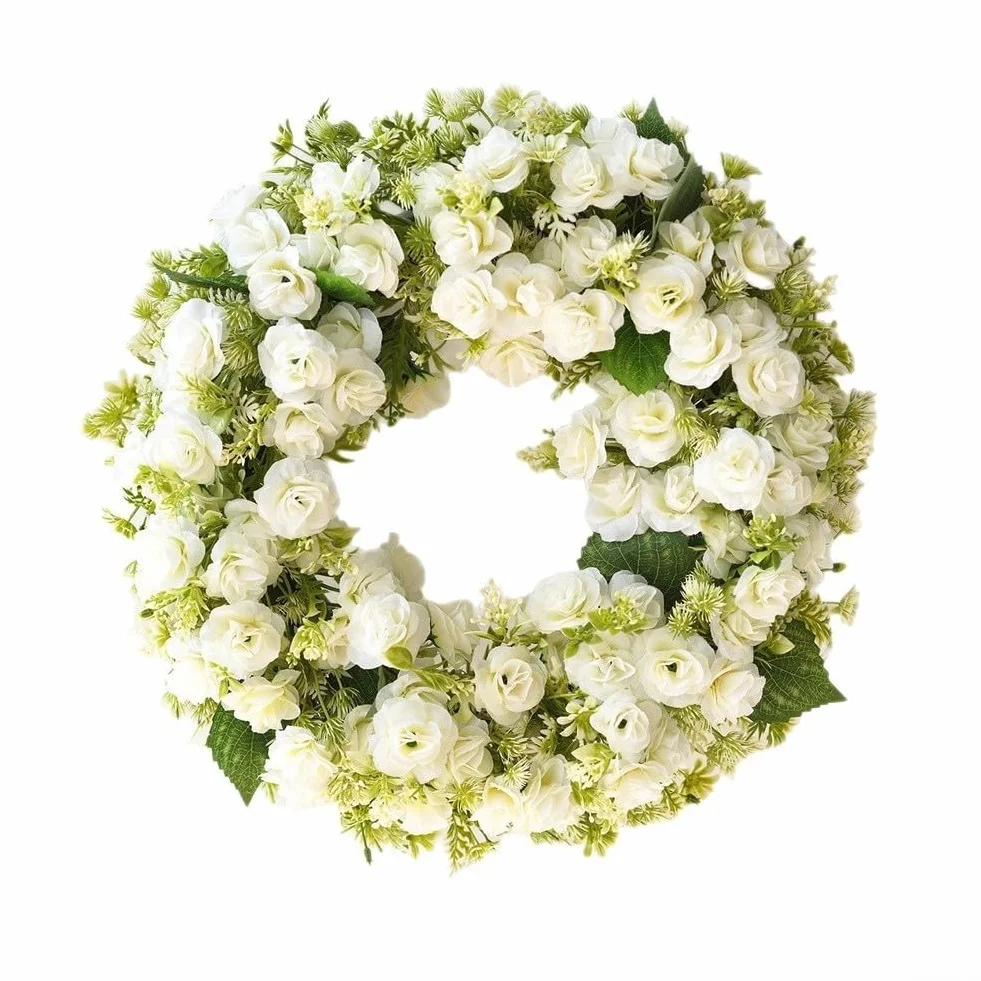 Corona de rosas con pétalos artificiales blancos y rosas para montaje en pared de puerta, primavera, verano, boda, interior y exterior (blanco)
