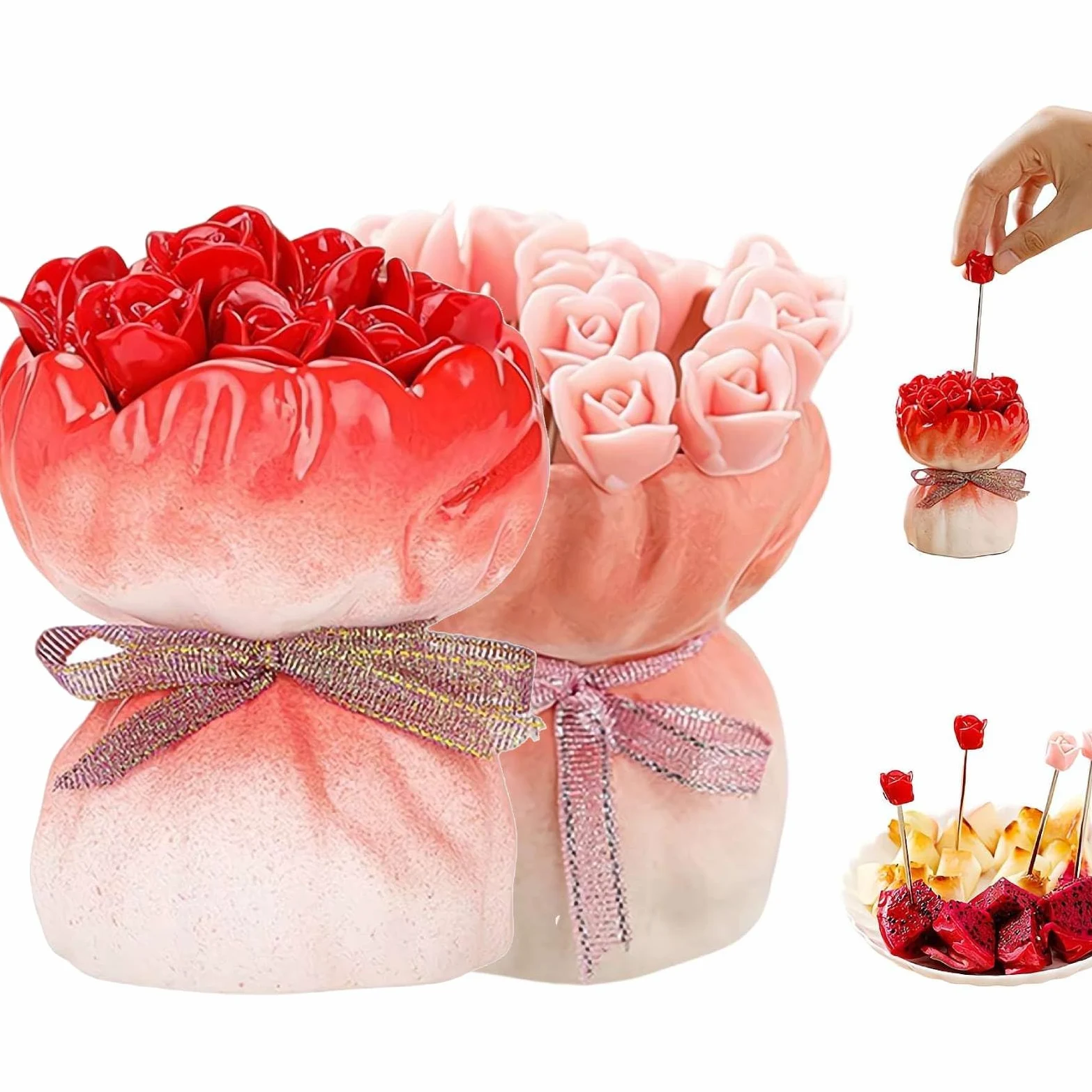 Juego de tenedores de frutas, 12 tenedores de postre de acero inoxidable en forma de rosa con elegante jarrón de almacenamiento de cerámica, tenedores novedosos para cocina, fiesta, comedor