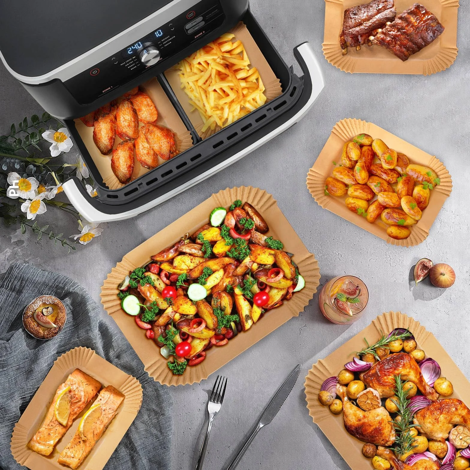 200 Piezas Papel Freidora Aire, Papel para Air Fryer Cosori Dual Blaze TwinFry 10 L/Ninja Air Fryer AF500EU 5,2-10,4 L/Cecotec Cecofry Dual 9000 9 L, 10 L y 11 L, Accesorios Airfryer