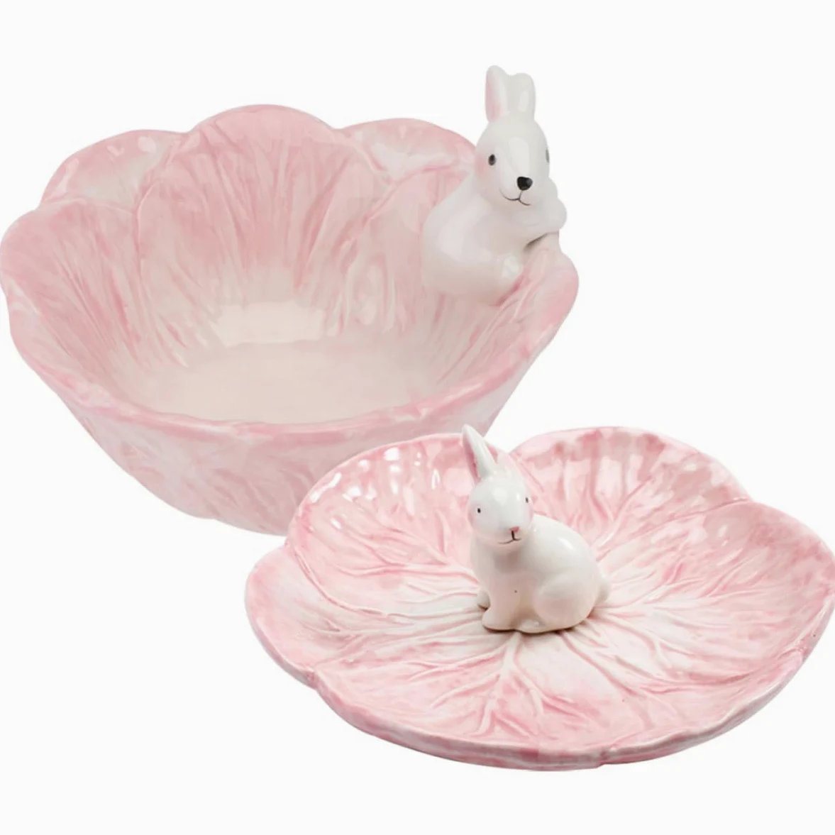 Juego de 2 Tazones de Cerámica Rosa con Estatua de Conejo y Forma de Repollo, Cuencos Elegantes para Desayuno y Reuniones Casuales Diarias