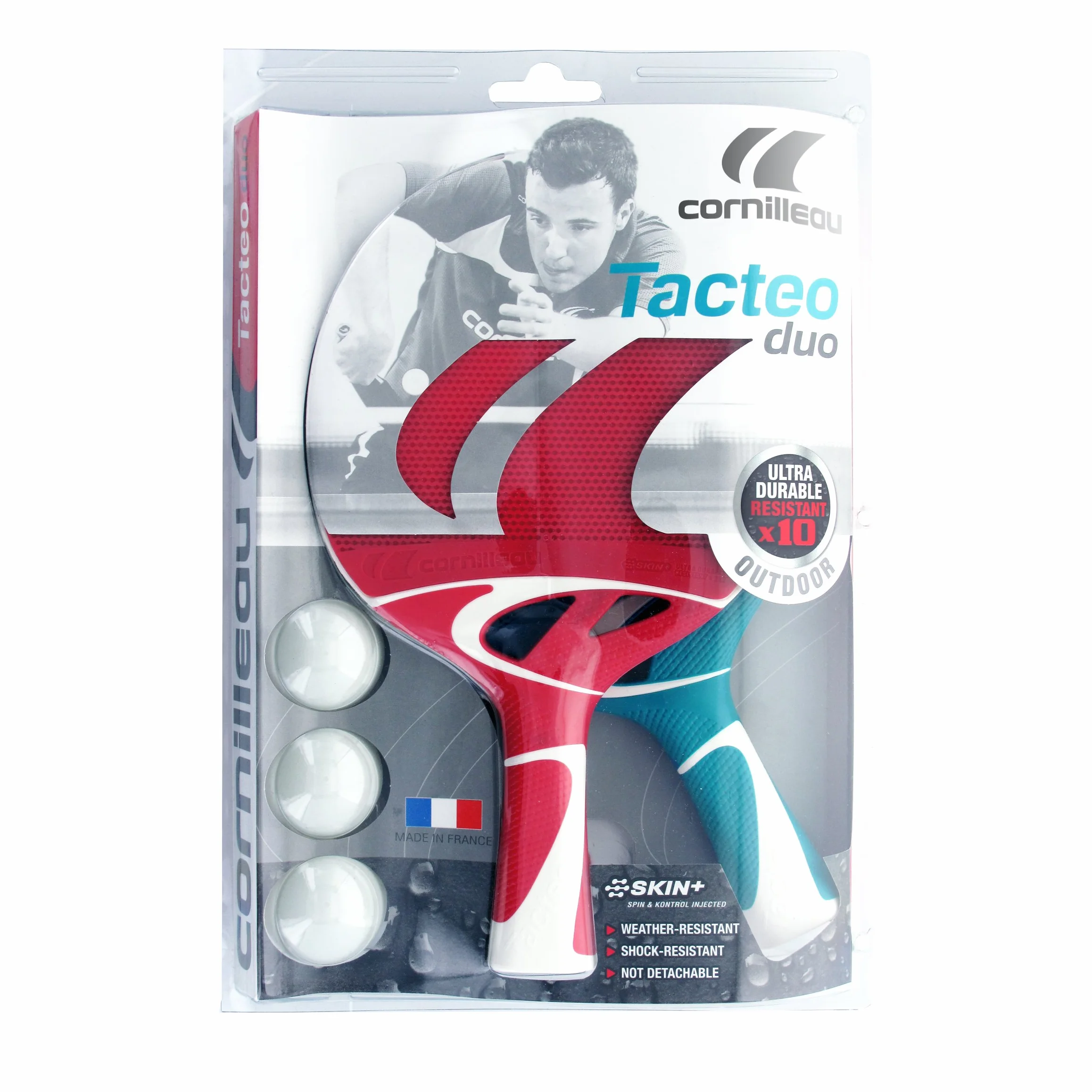 Cornilleau Tacteo Duo Set de 2 Raquetas y 3 Pelotas, Unisex Adulto, Verde/Rojo