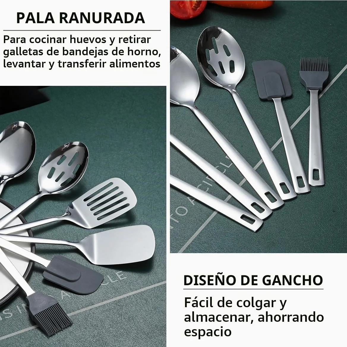 Juego de utensilios de cocina de acero inoxidable 40 piezas con soporte para utensilios, utensilios de cocina elementos esenciales, juego de espátula de metal