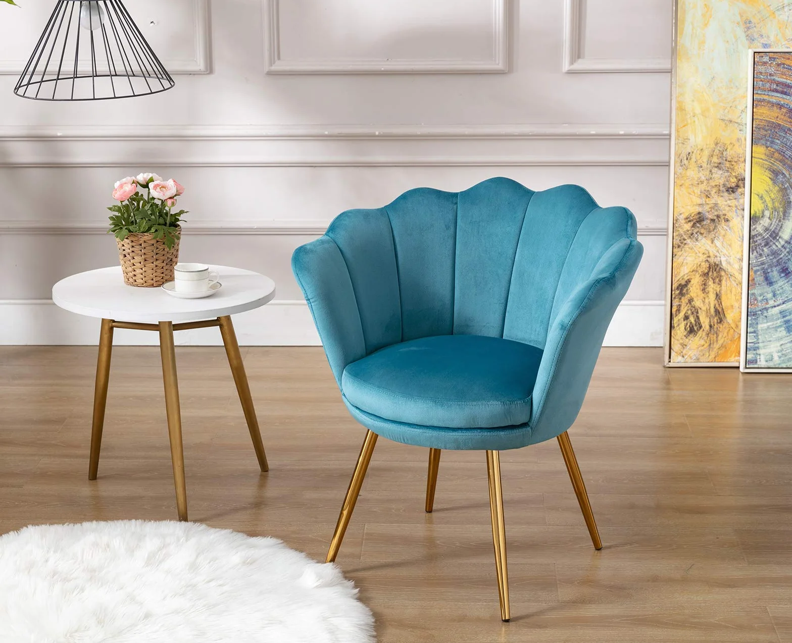 chairus Sillón de Salón Elegante Sillón de Tocador con Respaldo Floral, Silla Tocador Maquillaje Sillon Lounge de Terciopelo para Salón/Dormitorio, Azul Claro