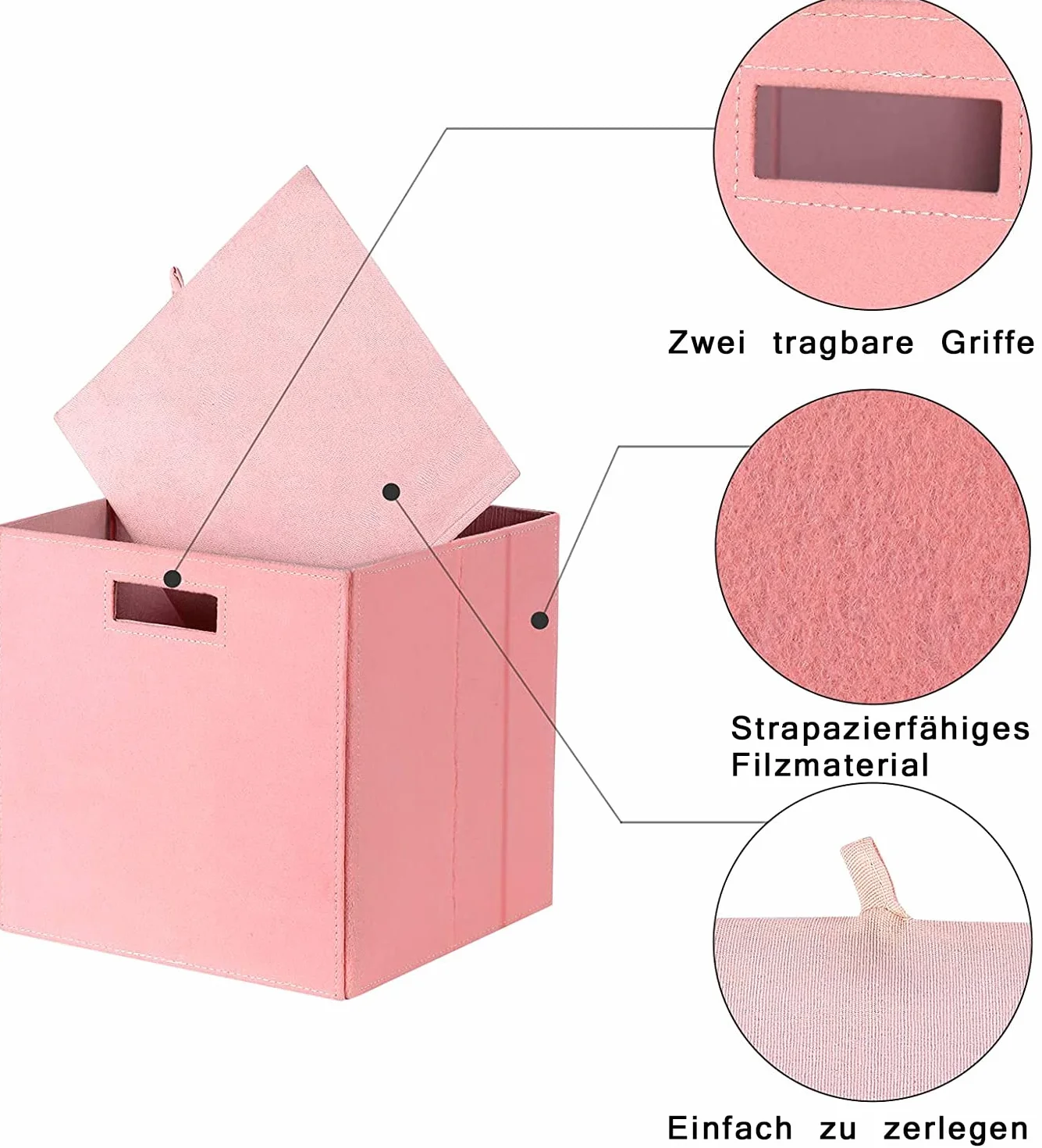 Caja de almacenamiento de fieltro plegable juego de 3 organizador 30 x 30 x 30 cm rosa