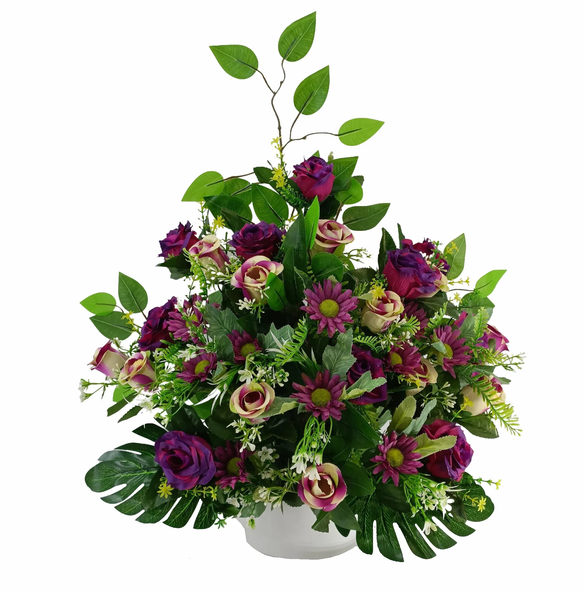 DRW Centro de Flores Artificiales para Cementerio Iglesias Bodas Centro de Flores para los Santos Morado con Rosas, capullos y Margaritas malvas 70x40 cm