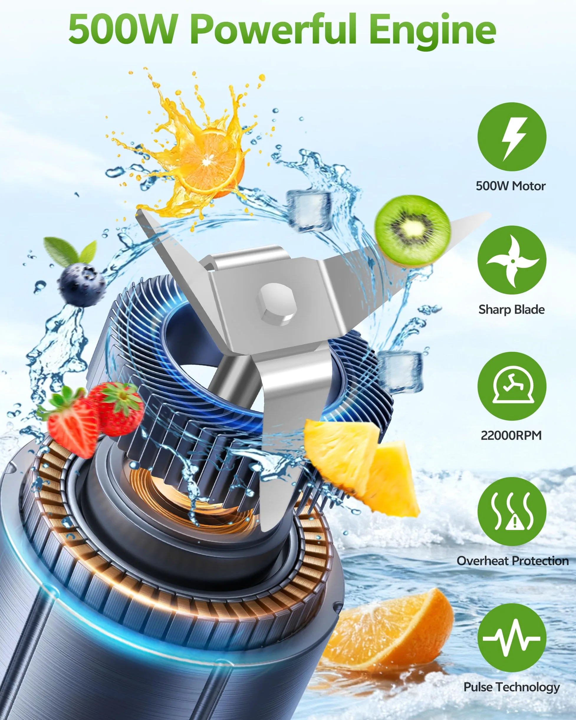 500W Batidora de Vaso,Batidora Portatil con 2 Botellas 600ml sin BPA,4 Cuchillas Inox,22000 rpm,Batidora Smoothies,Smoothie Blender, Mini Licuadora,Portable Blender,Mini Batidora Portatil