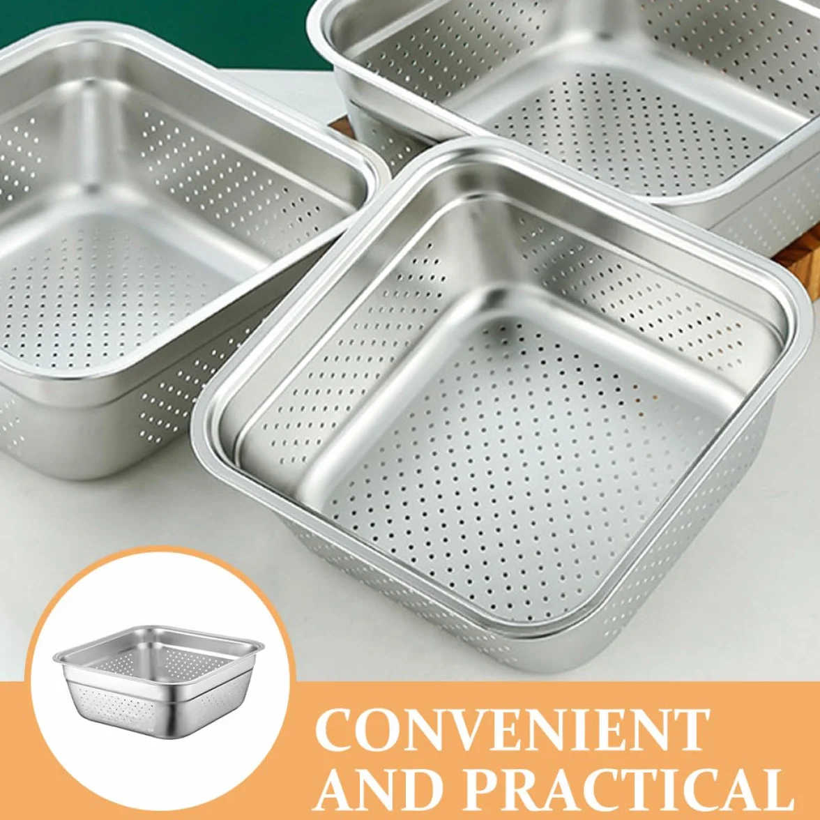 Colador de Acero Inoxidable de Gran Capacidad Forma Cuadrada, Resistente y Ahorra Espacio, Adecuado para Cocinar y Lavar Verduras y Frutas Cocina