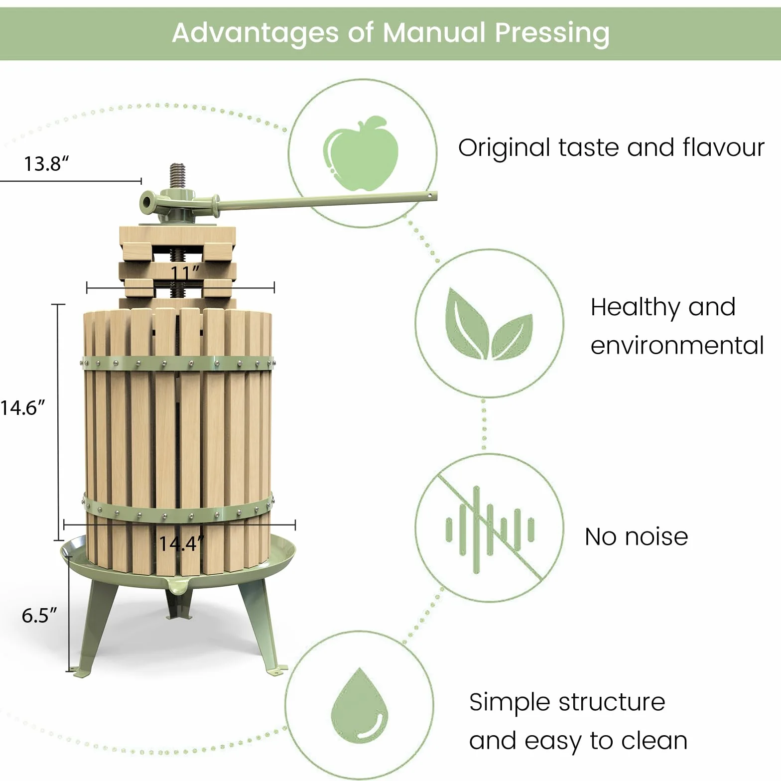 Prensa de vino de frutas, trituradora manual de manzanas y uvas 100% natural, saludable para cocina, cesta de madera maciza con bloques, prensa para hacer vino de sidra (certificado LFGB, resistente)