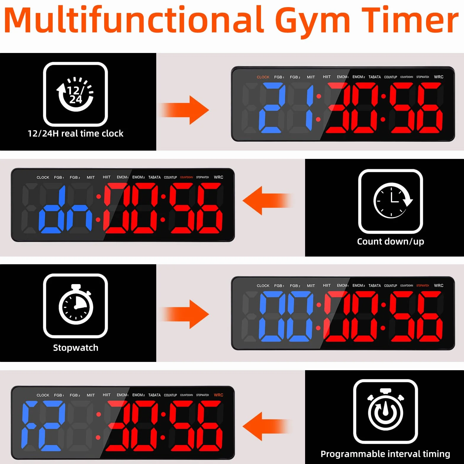 Temporizador de Gimnasio LED 16.5'' Grande Reloj de Pared Digital Cronómetro con Control Remoto