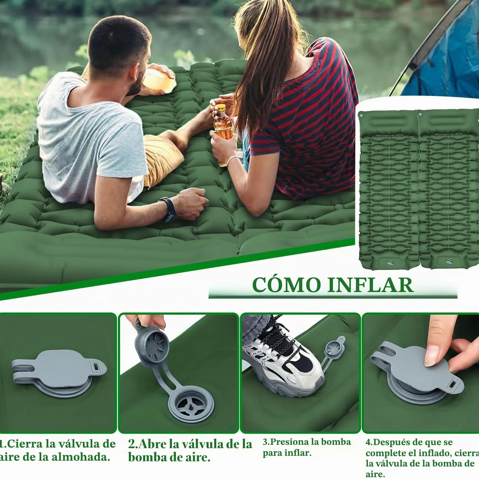 Colchón Hinchable Camping 10 cm Espesor con Almohada y Bomba de Pie, Esterilla Inflable para Dormir, Verde