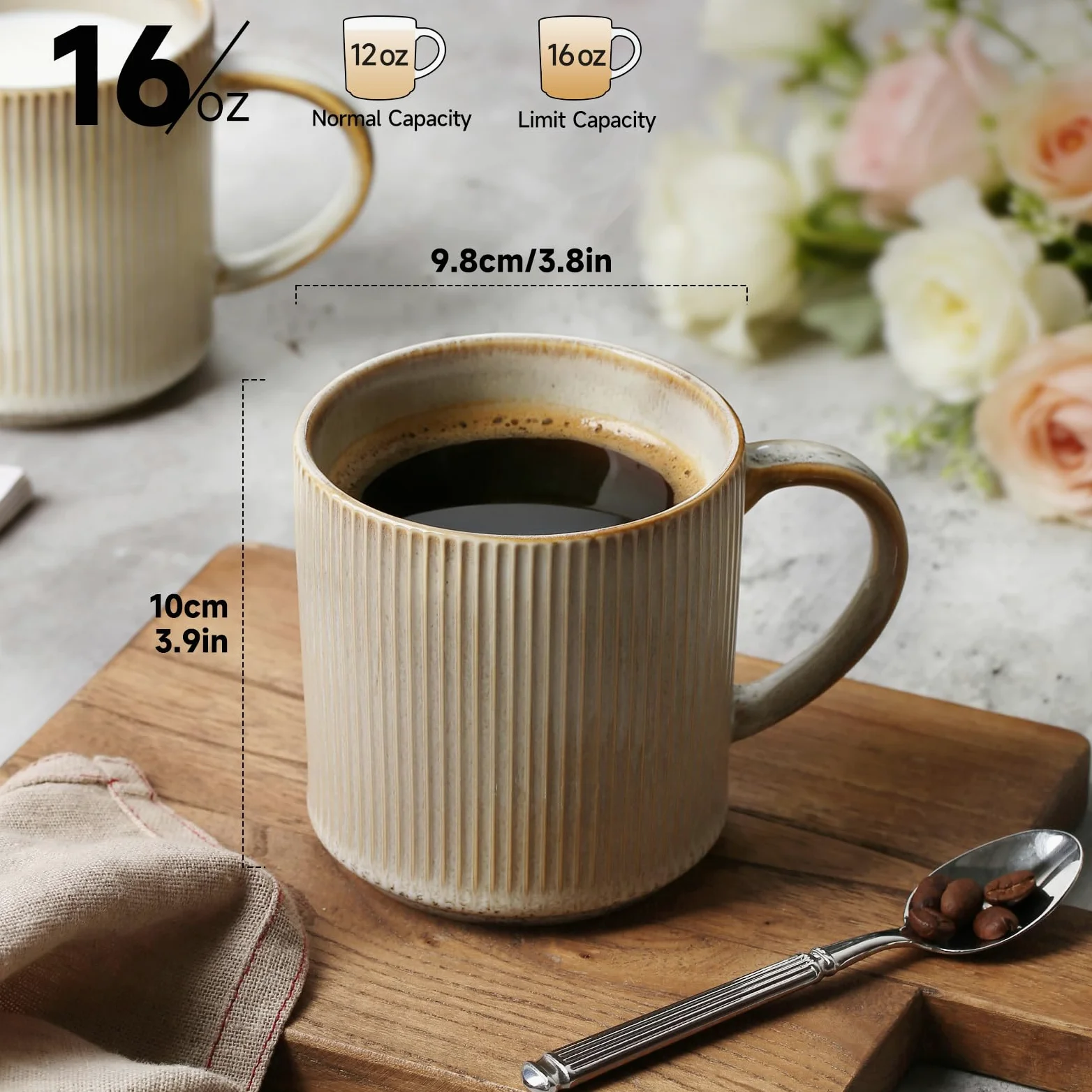 MONITO Juego de 4 tazas de café de 16 onzas, tazas de café de cerámica con asas grandes, adecuadas para latte, té caliente, capuchinos, moca y cacao, beige bonbon