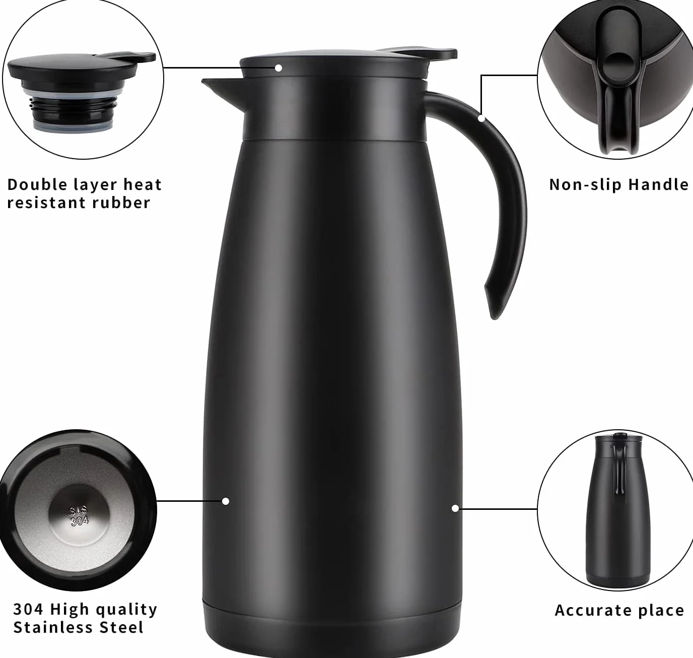 Jarras térmicas de 2 litros de acero inoxidable con cierre Quick Tip, jarra de vacío de doble pared para té y café, color negro