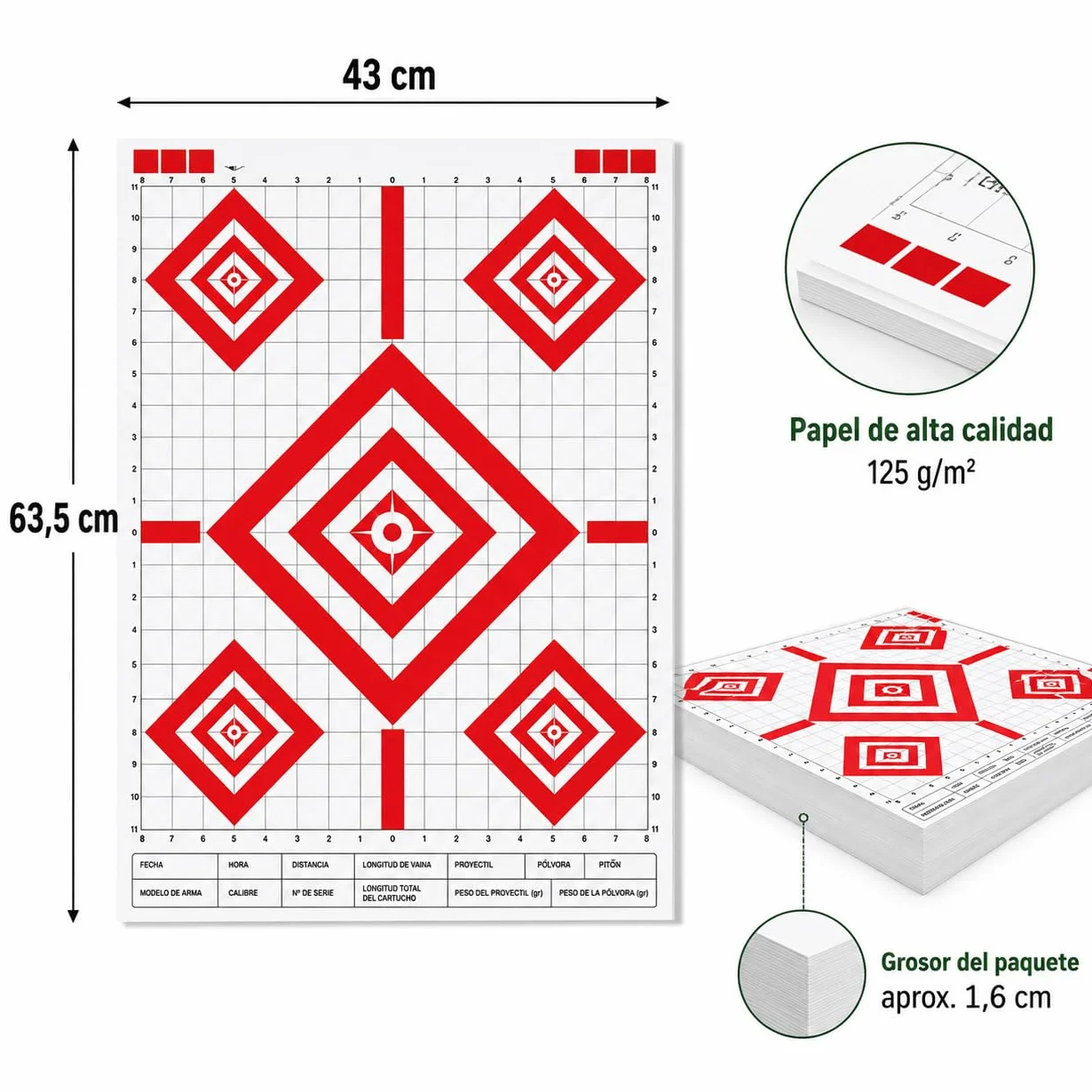 Pack 50 Dianas de Papel para Tiro 43 x 63,5 cm – Blancos con 5 Zonas – Alta Visibilidad – Pistola, Rifle, Aire Comprimido