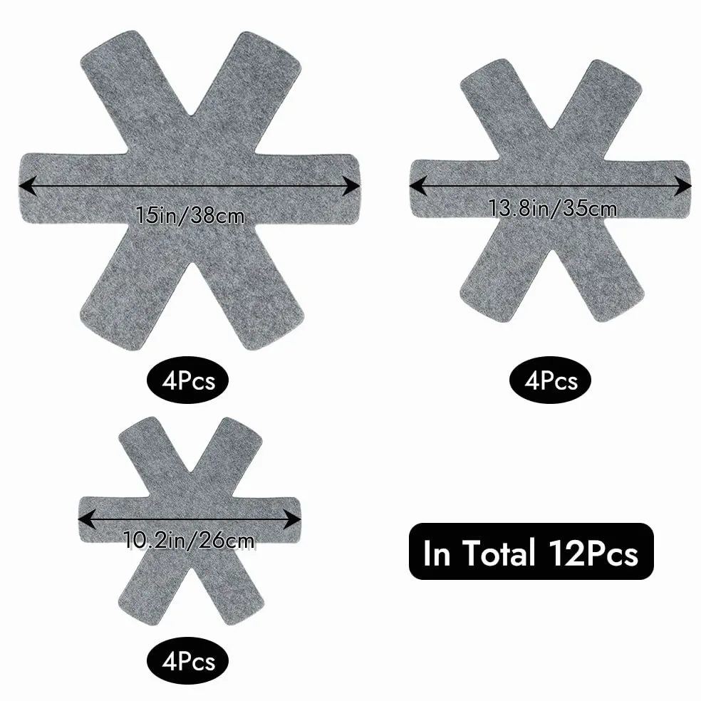 BOYAN Protectores para ollas y sartenes, juego de 12 y 3 tamaños diferentes, almohadillas divisoras de utensilios de cocina, protectores de sartenes apilables, almohadillas separadoras de ollas para