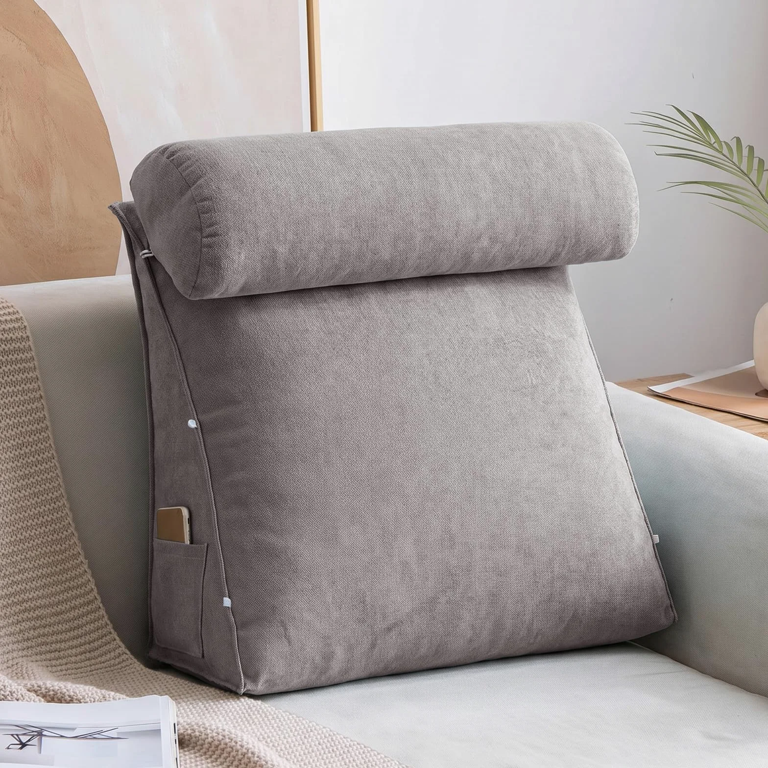 Cojín De Lectura para Cama Y Sofá, Respaldo para Cama Ergonómico En Cuña con Rodillo Regulable Y Bolsillos, Almohada De Soporte Lumbar para Leer Y Ver La TV,Smoke Gray,60X50X20CM