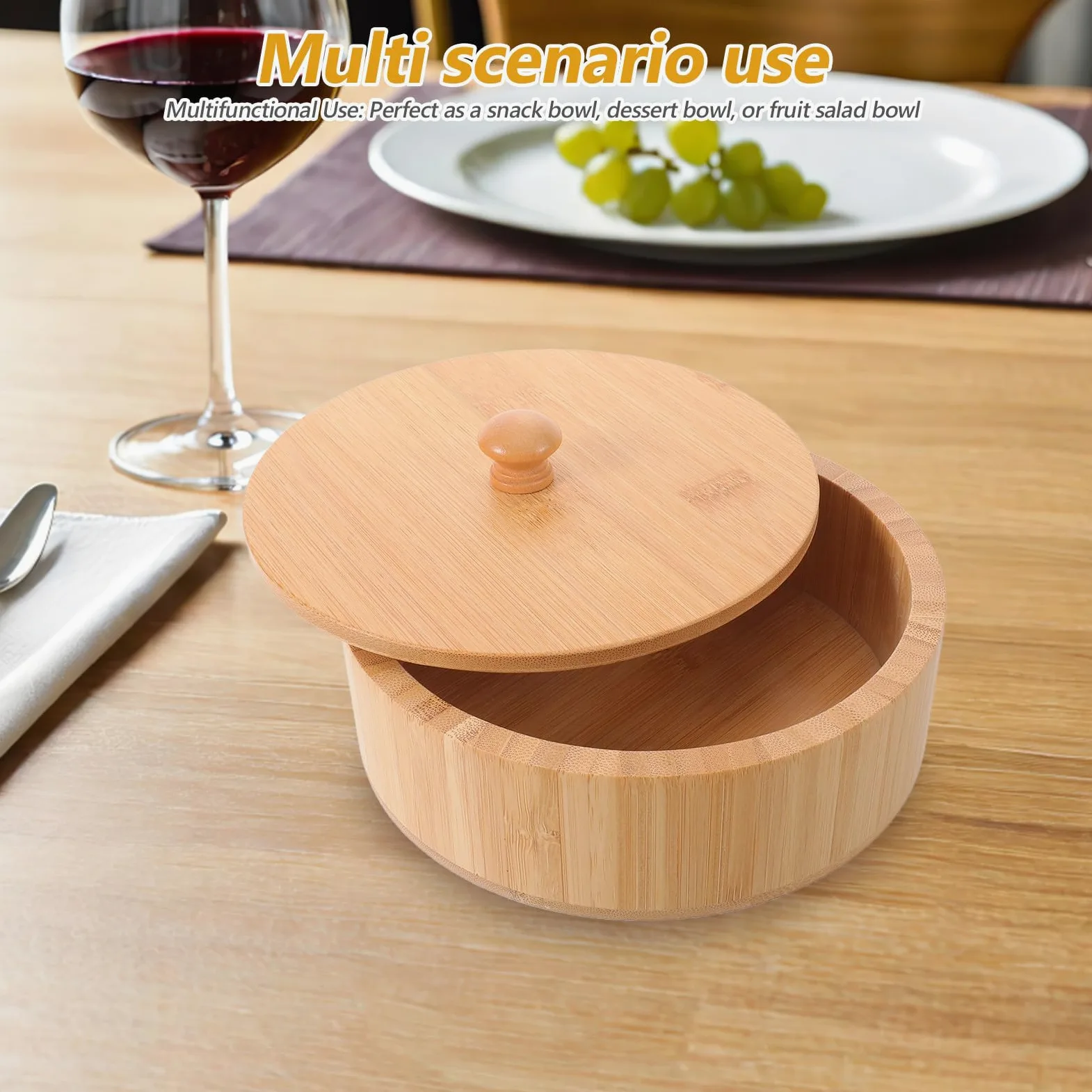 Bol de Ensalada Redondo de Bambú con Tapa, Fácil de Limpiar, Acabado Rústico y Superficie Lisa, Adecuado para Picnics al Aire Libre y Reuniones Animadas
