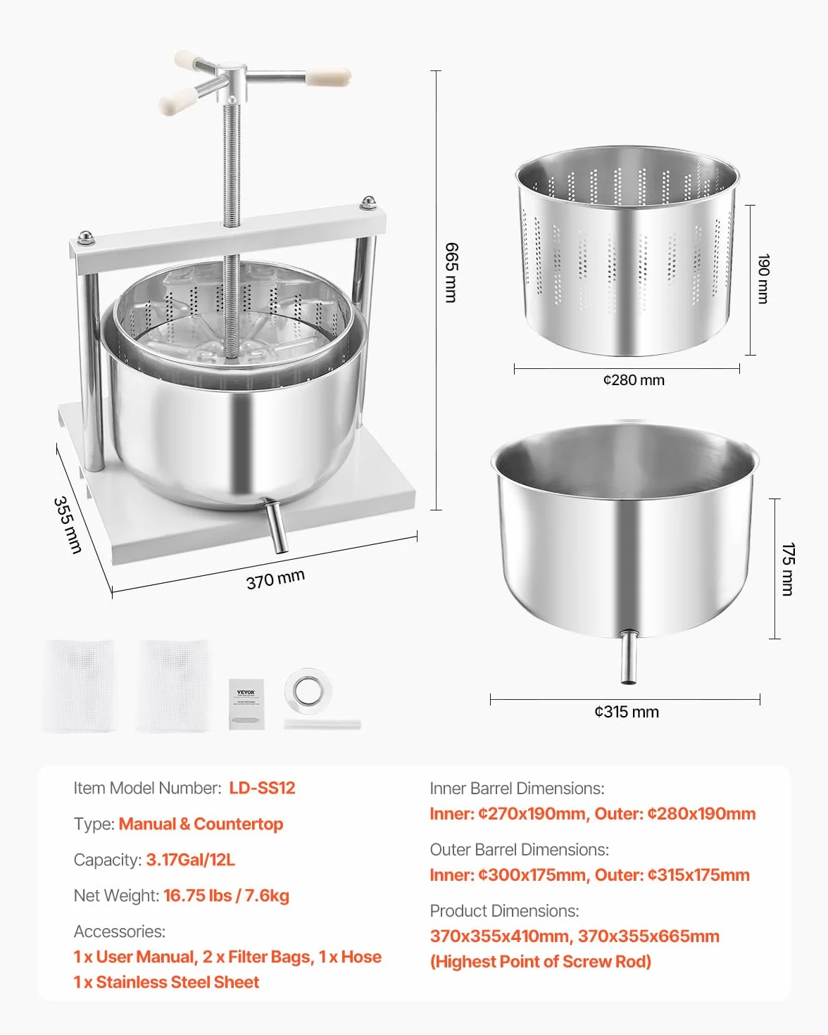 VEVOR Prensa de Vino de Frutas 12 L, 2 Barriles de Acero Inoxidable, Exprimidor Manual, para Hacer Sidra, Manzana, Uva, Tintura, Miel, Aceite de Oliva con Mango Triangular, 370 x 355 x 665 mm
